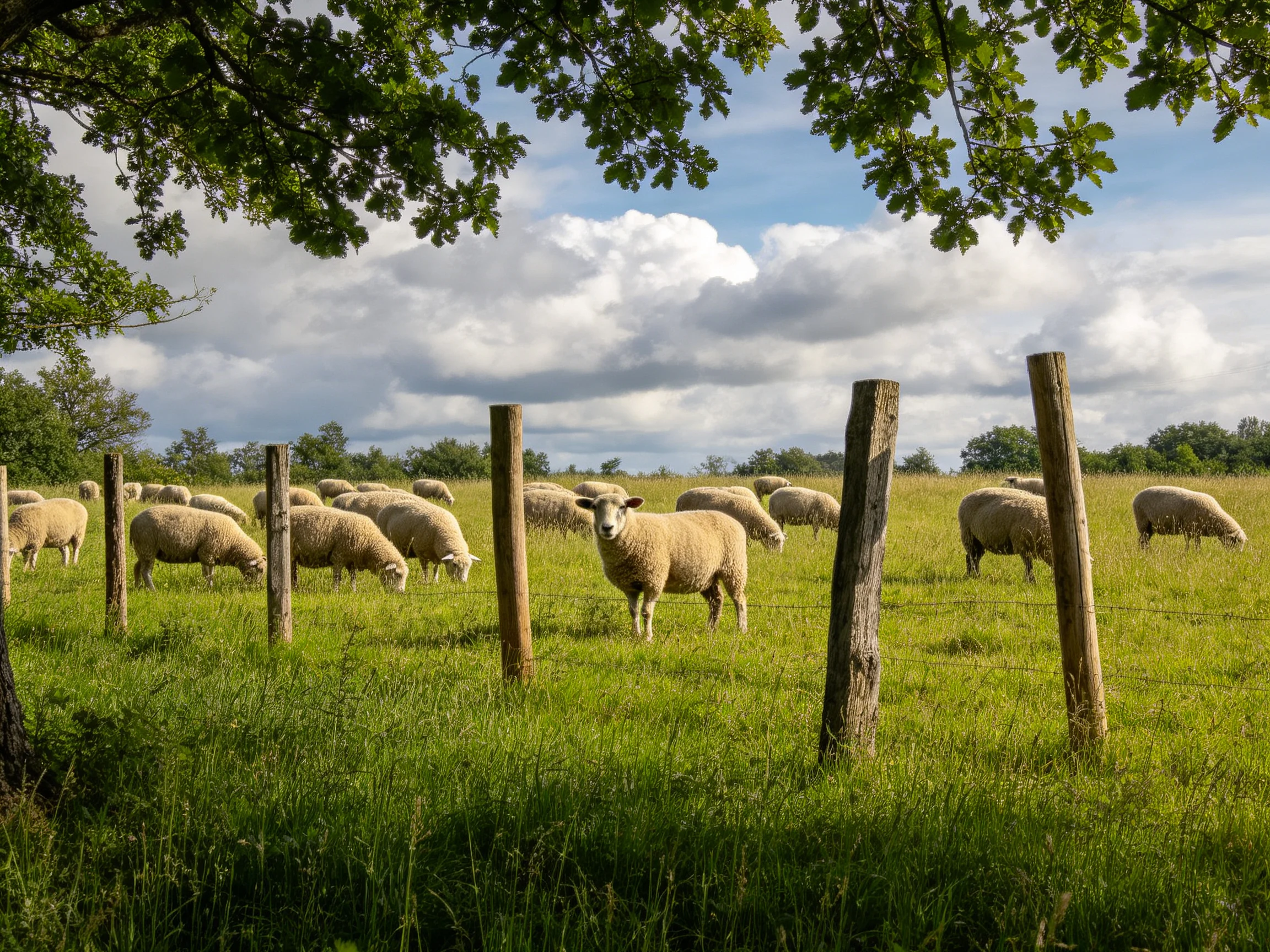 Multiple sheep graze peacefully in a sunlit pastoral field with wooden fencing