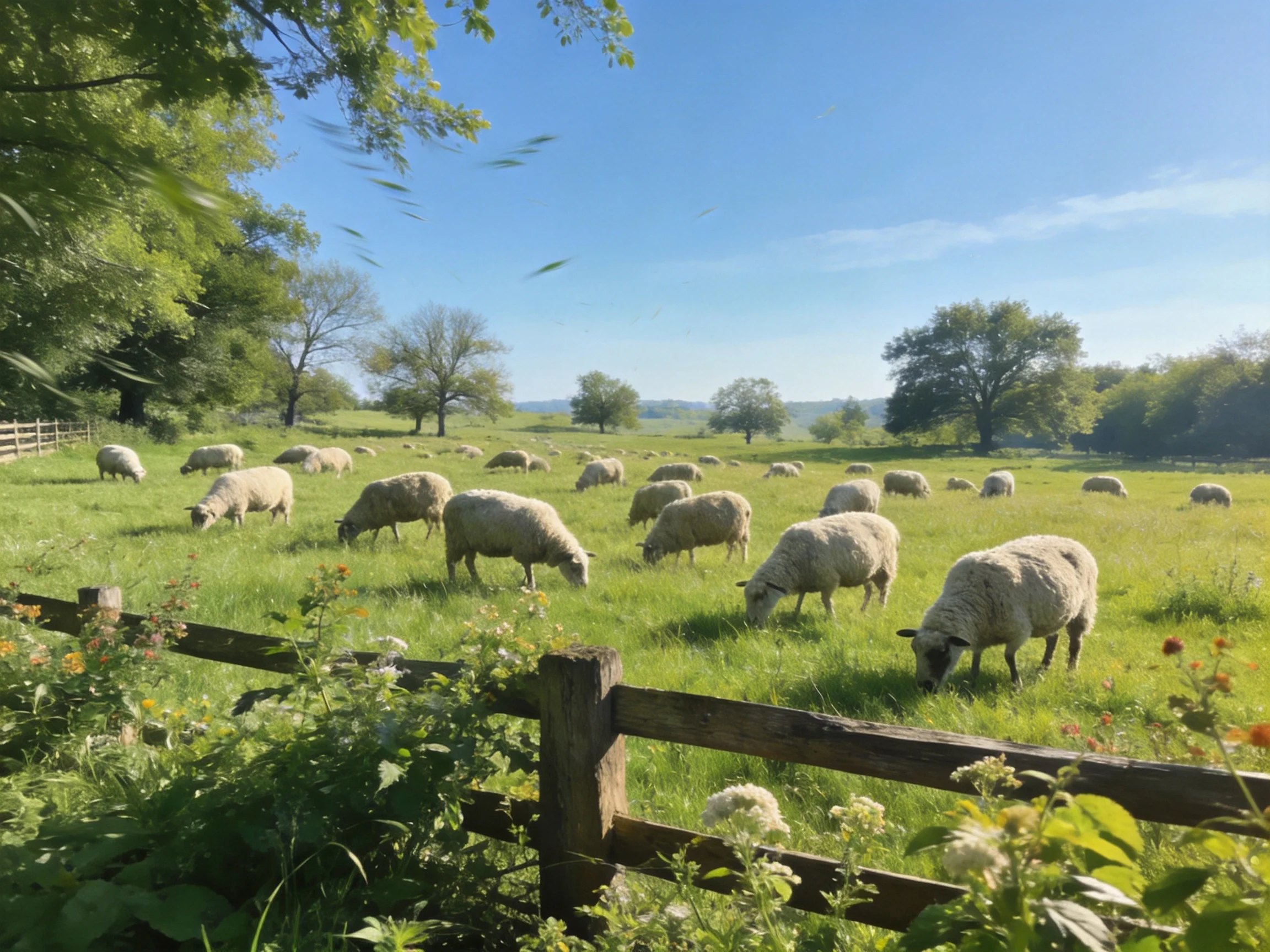 A flock of sheep graze in a lush green pasture with wooden fencing