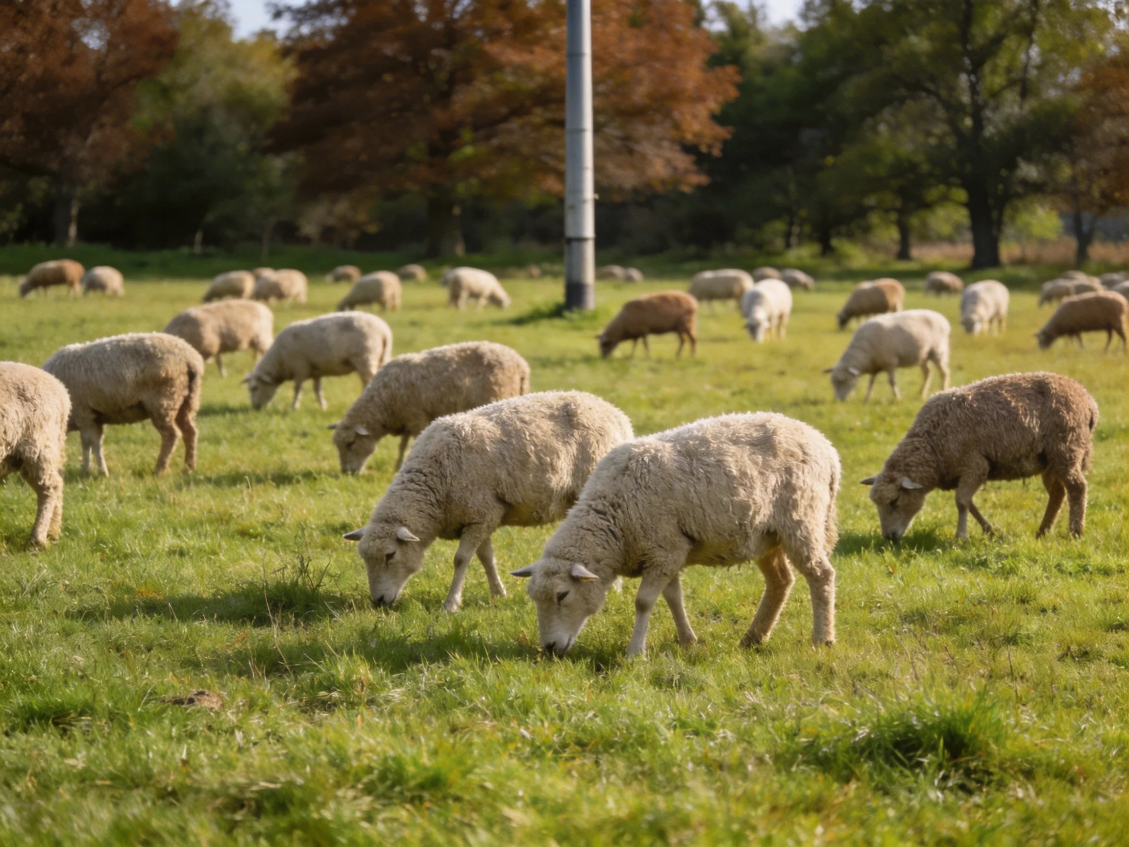 A flock of sheep graze in a sun-drenched green pasture with autumn trees