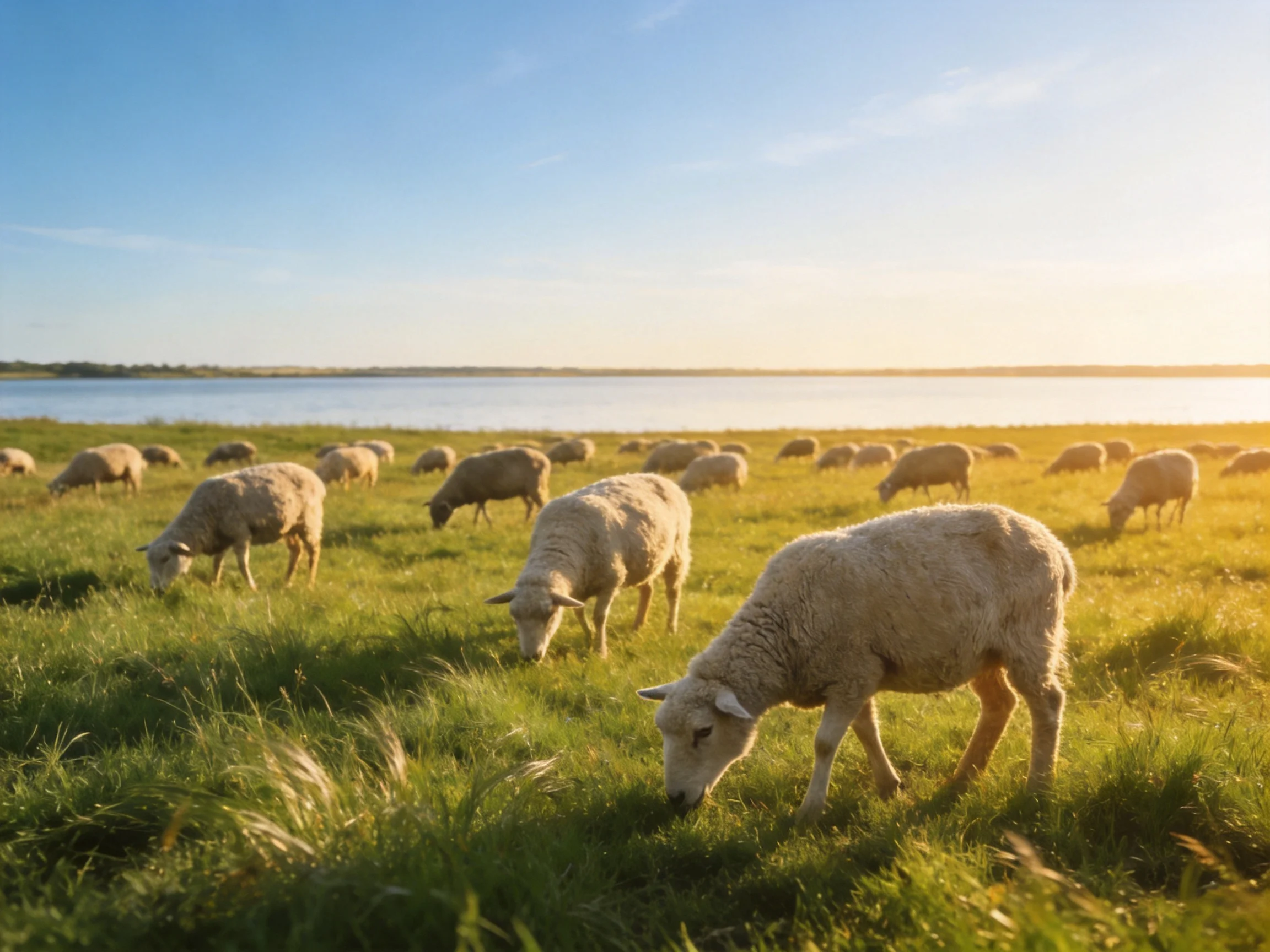 A flock of sheep graze in a sunlit green meadow by a calm lake