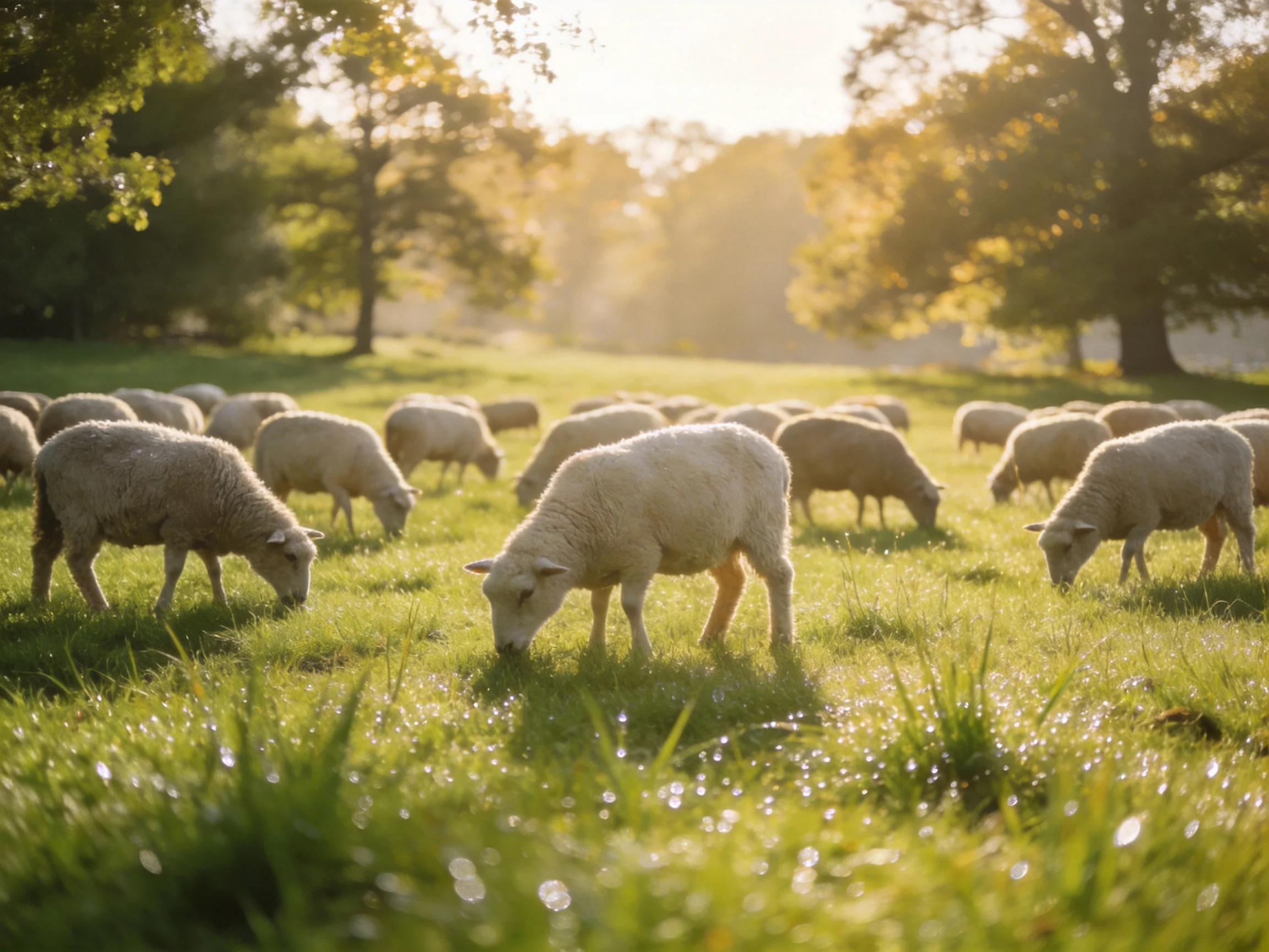 A group of sheep peacefully graze in a sunlit meadow near trees.
