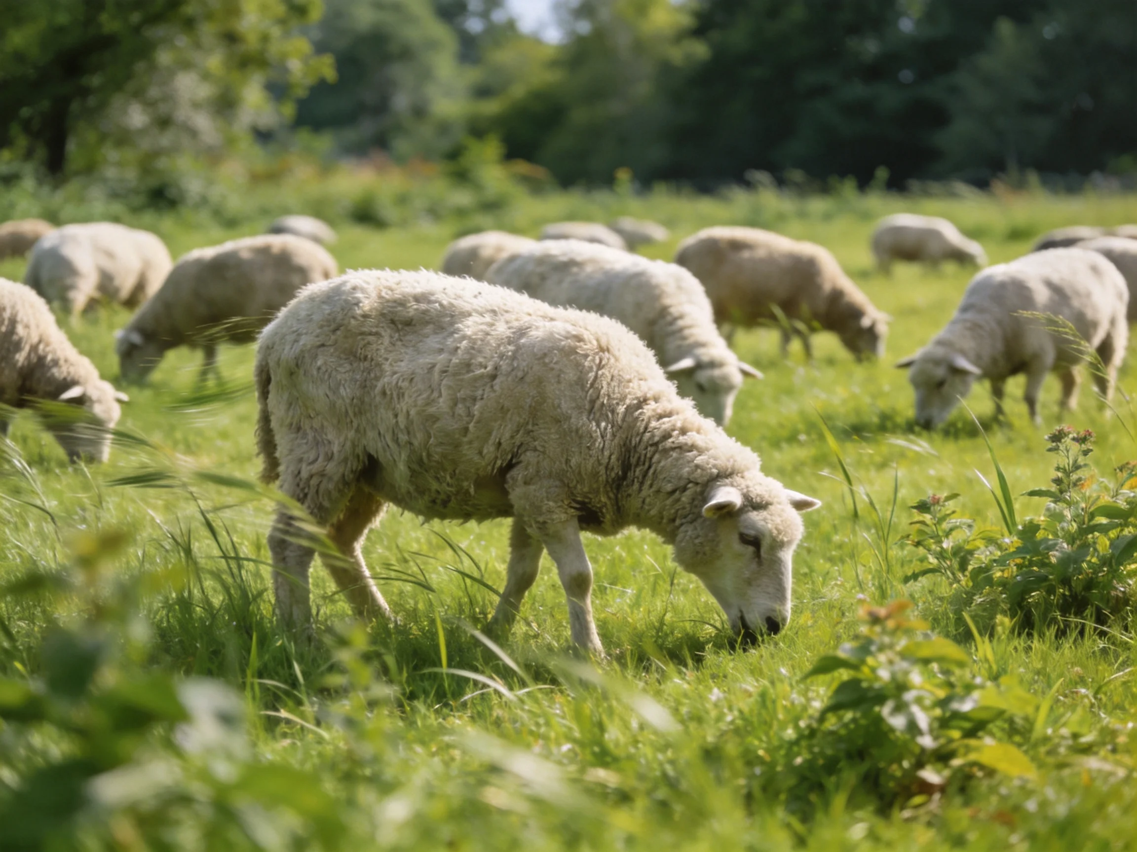 A flock of sheep feeds in a sunlit green pasture.