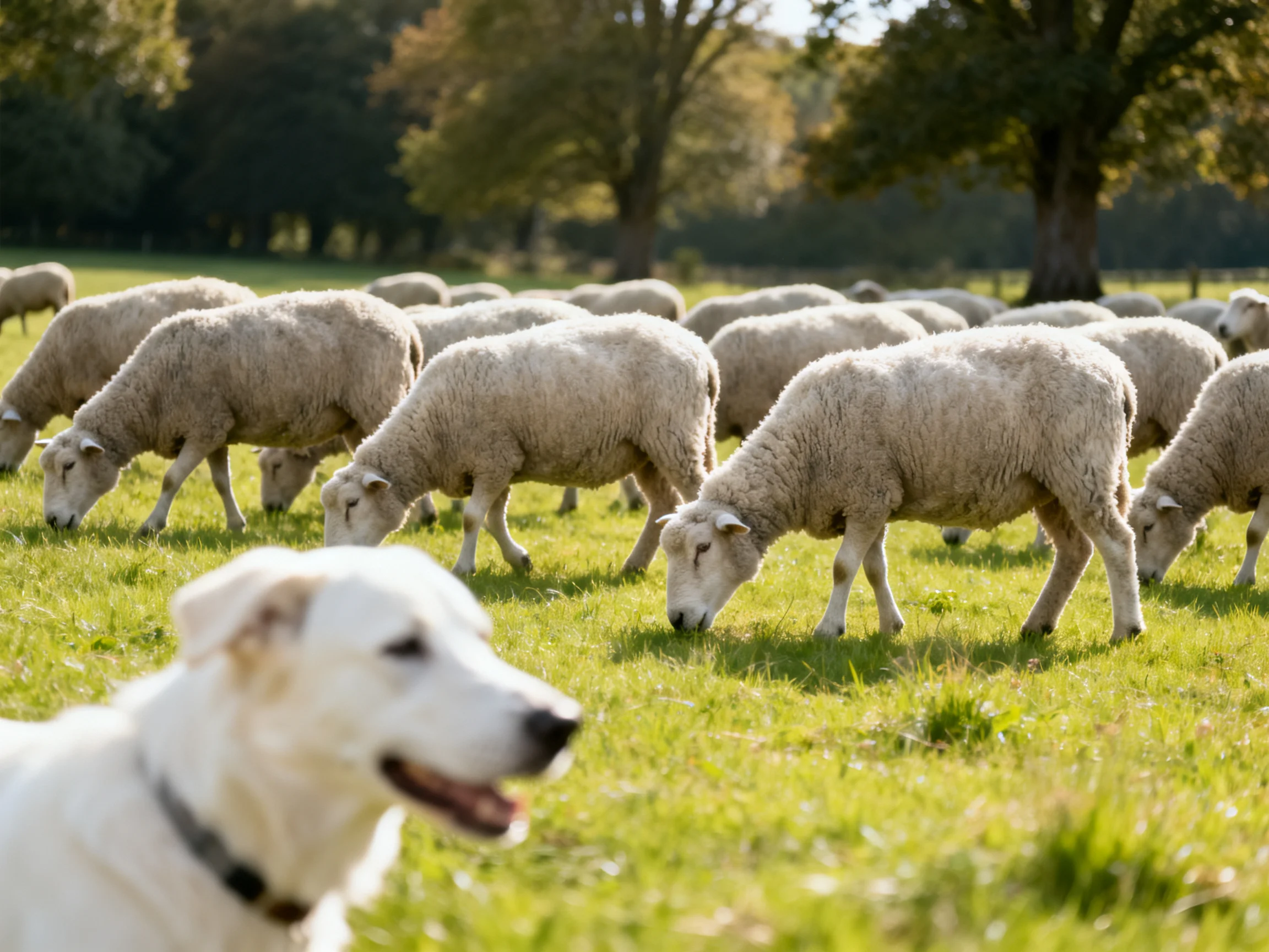 A flock of sheep graze in a sunlit green pasture with a white dog