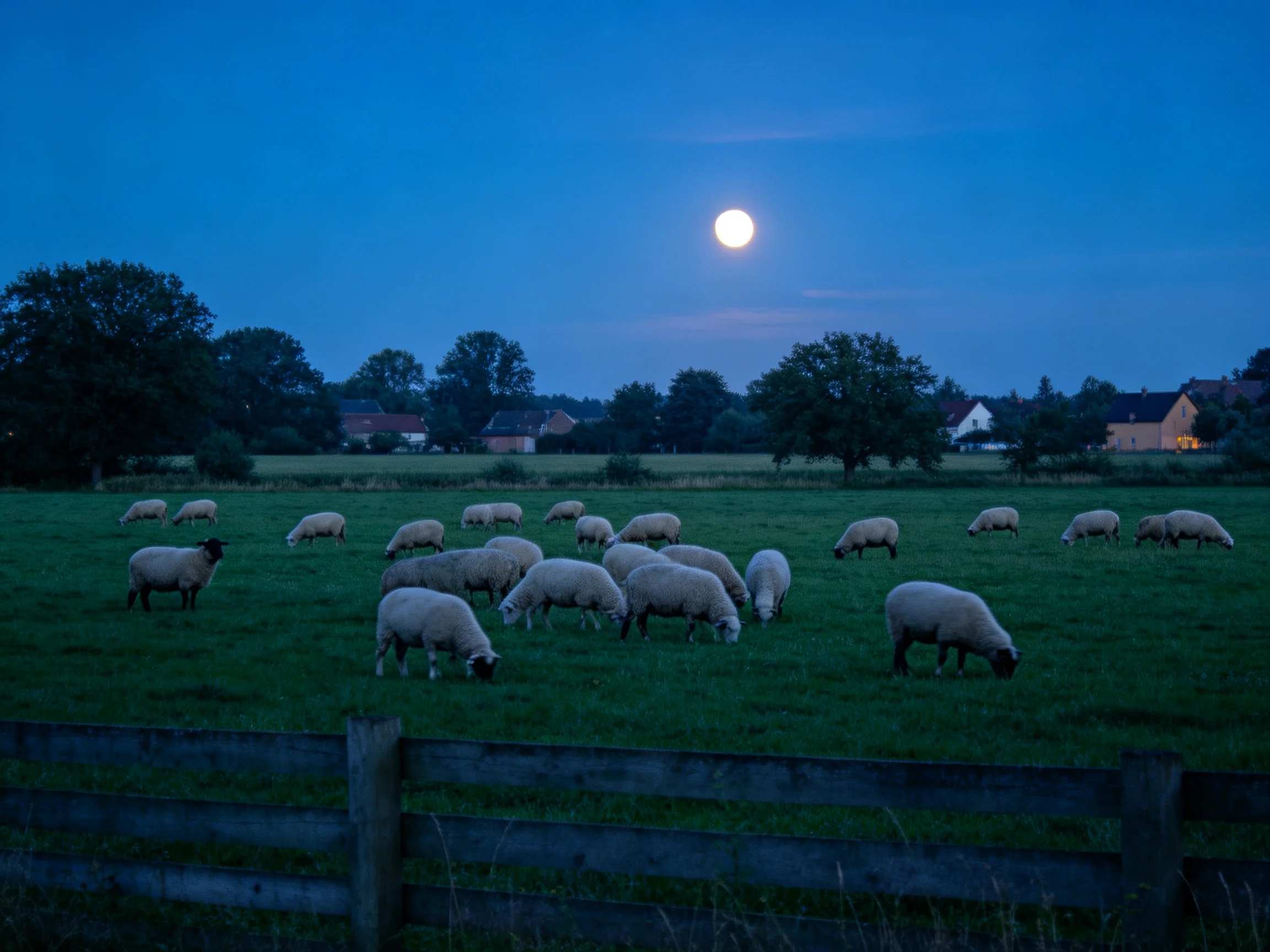 A flock of sheep graze in a twilight field beneath a full moon