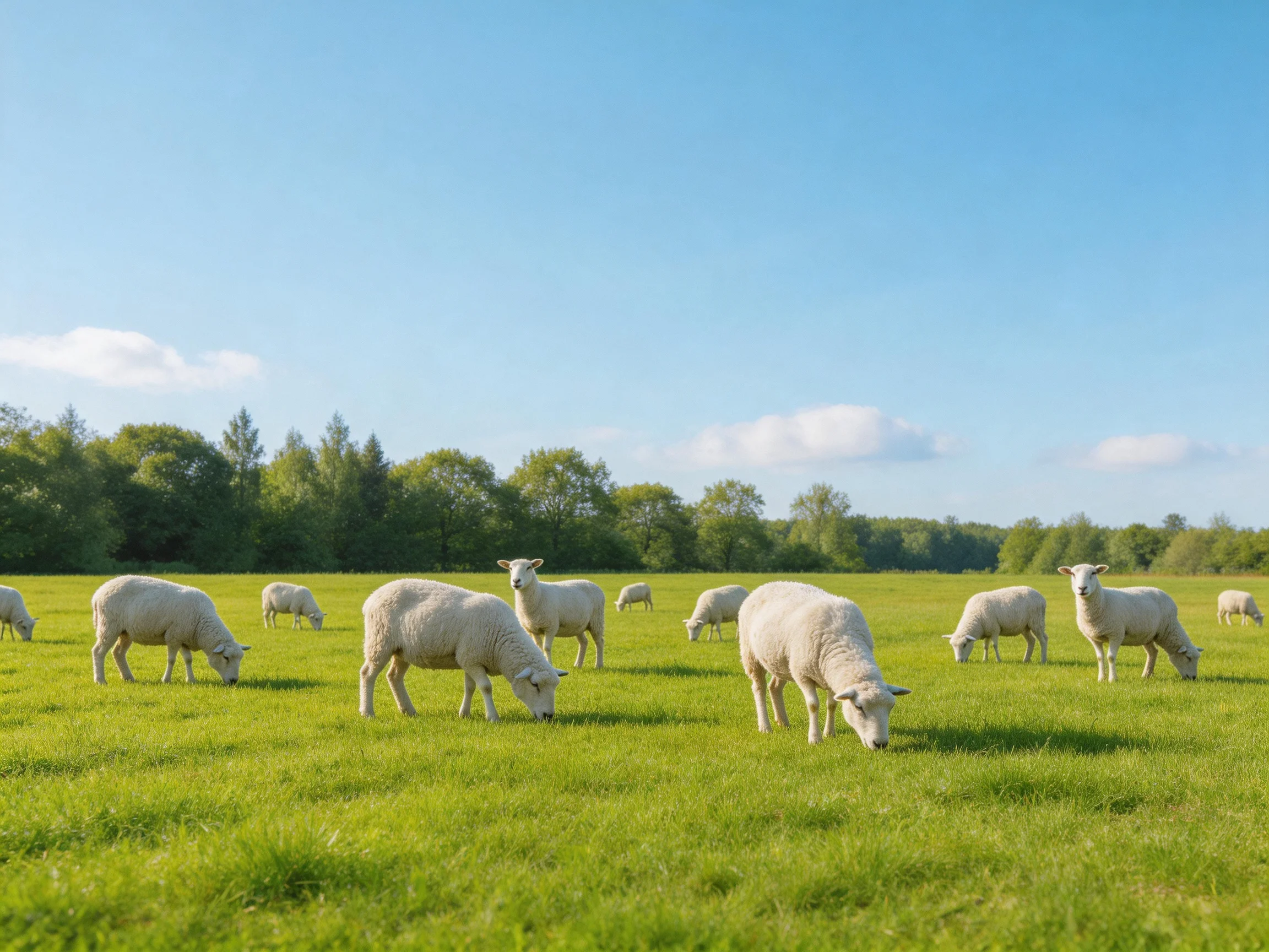 A flock of sheep graze in a verdant meadow beneath a bright sky