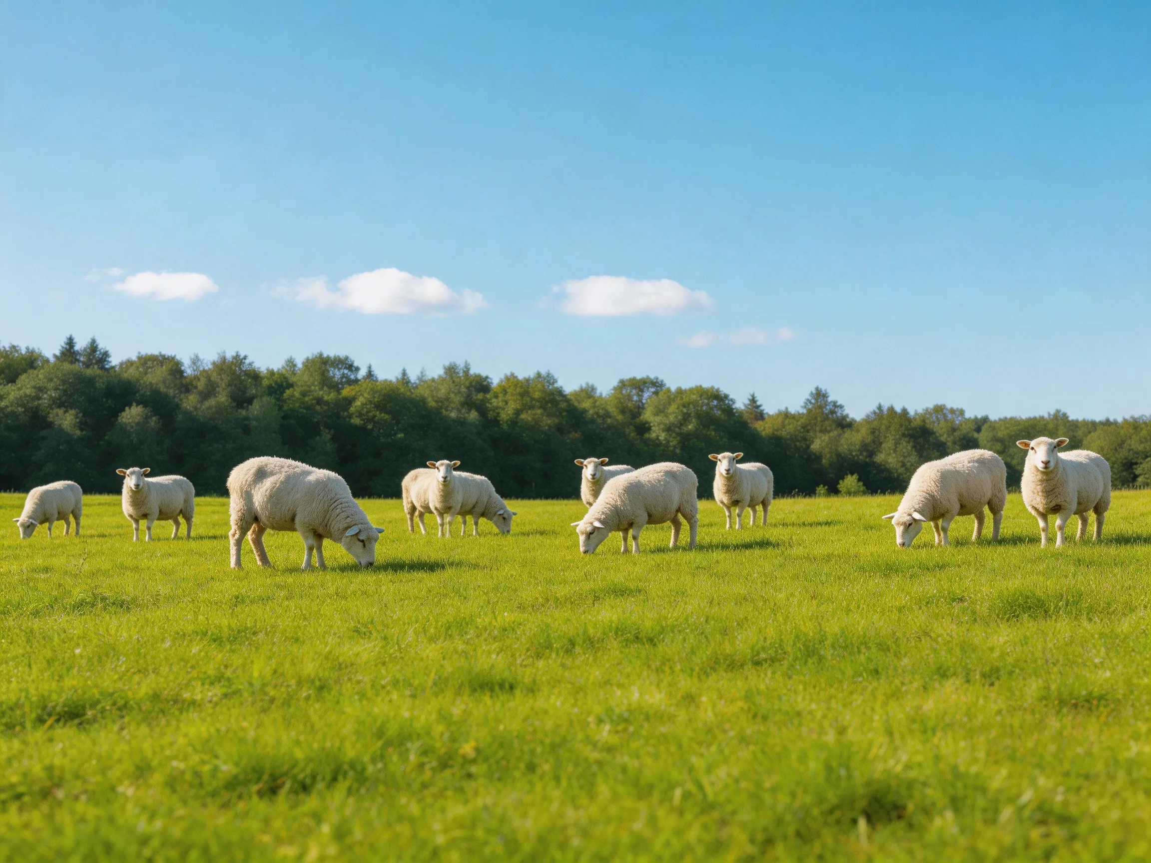 A flock of sheep graze in a verdant pasture with forest backdrop