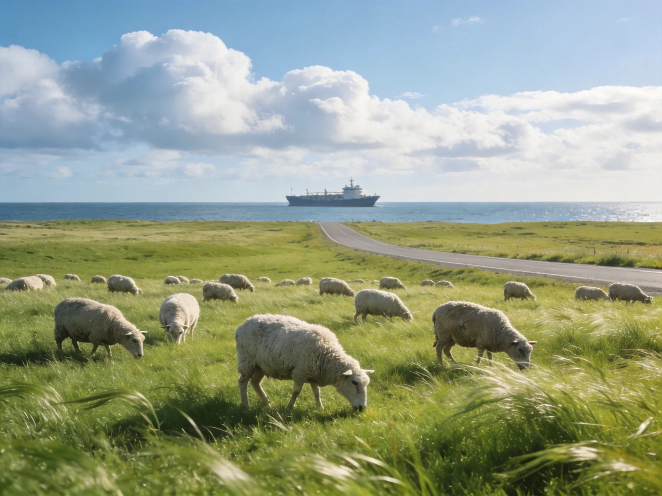 A flock of sheep graze near a coastal road with a large ship offshore