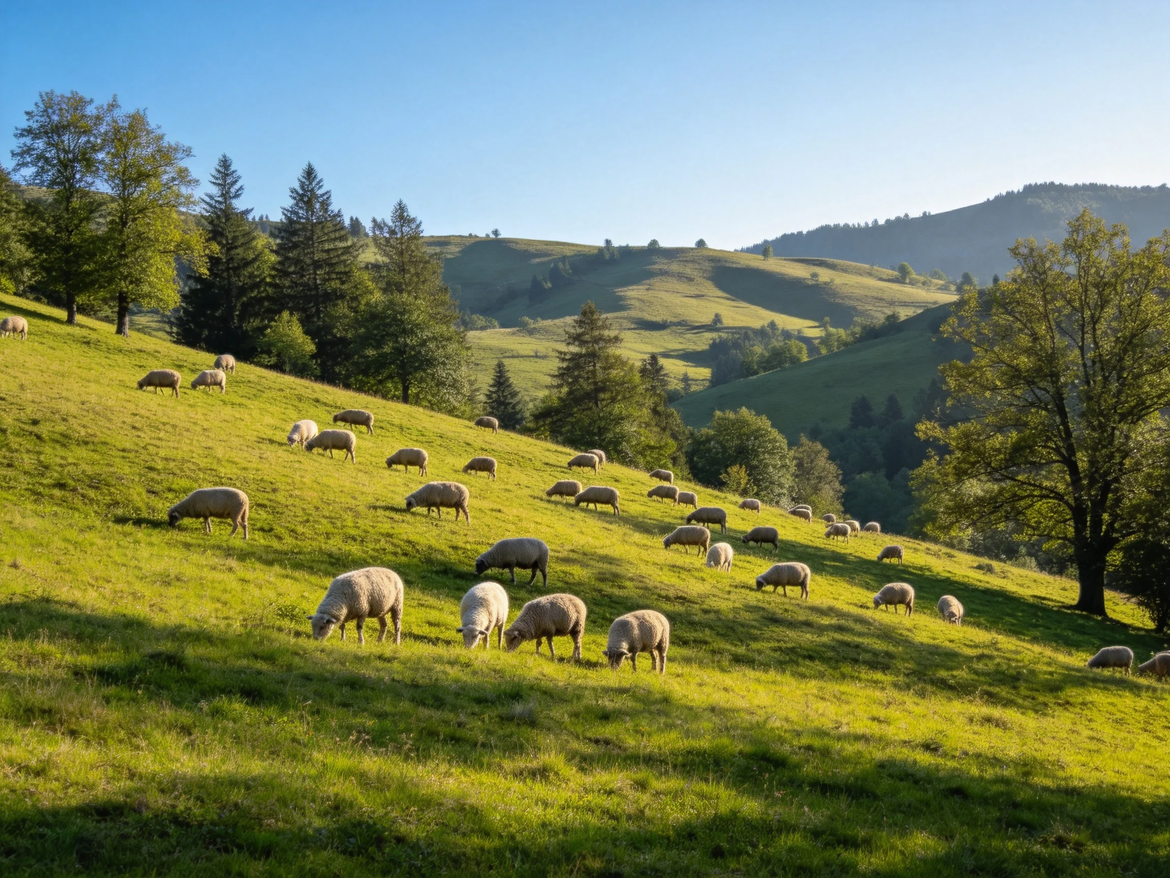 A flock of sheep grazes on a sunlit, verdant hillside near forested mountains