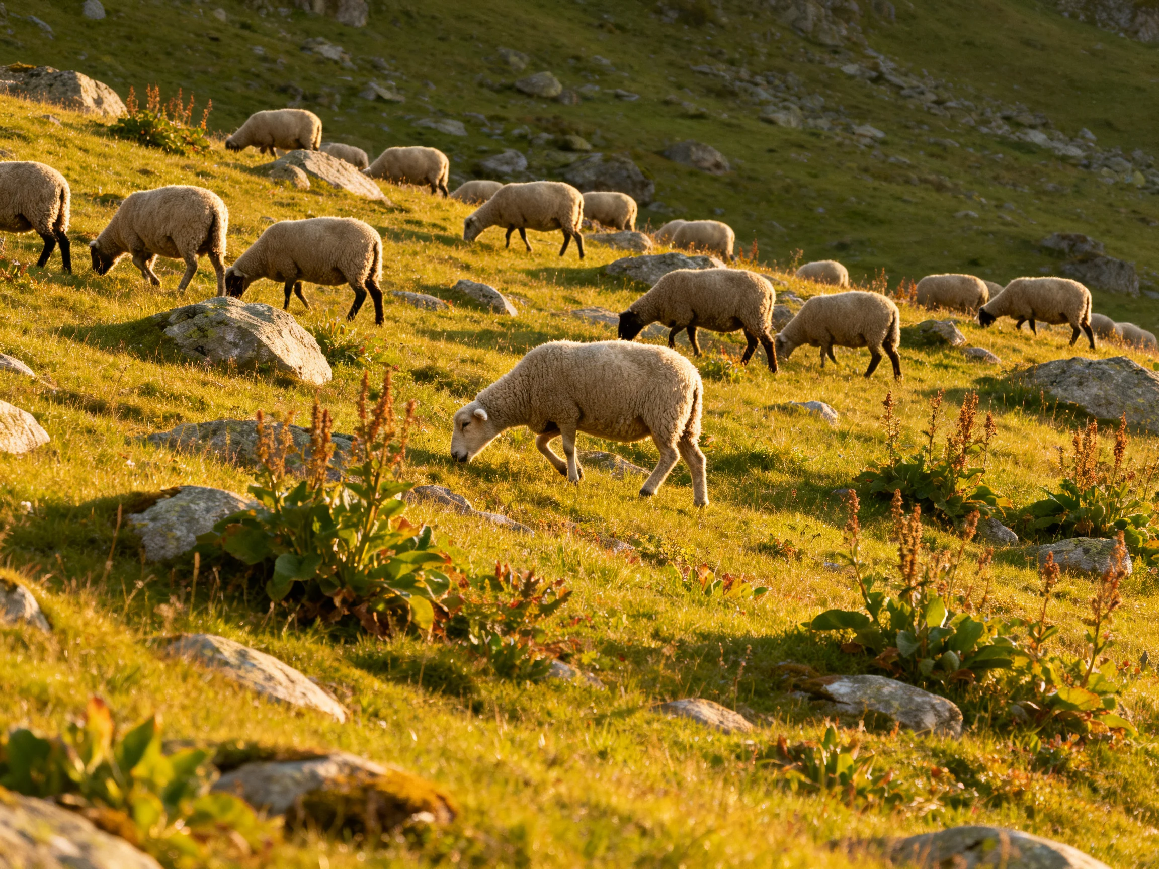 A flock of sheep graze on a rocky, golden hillside