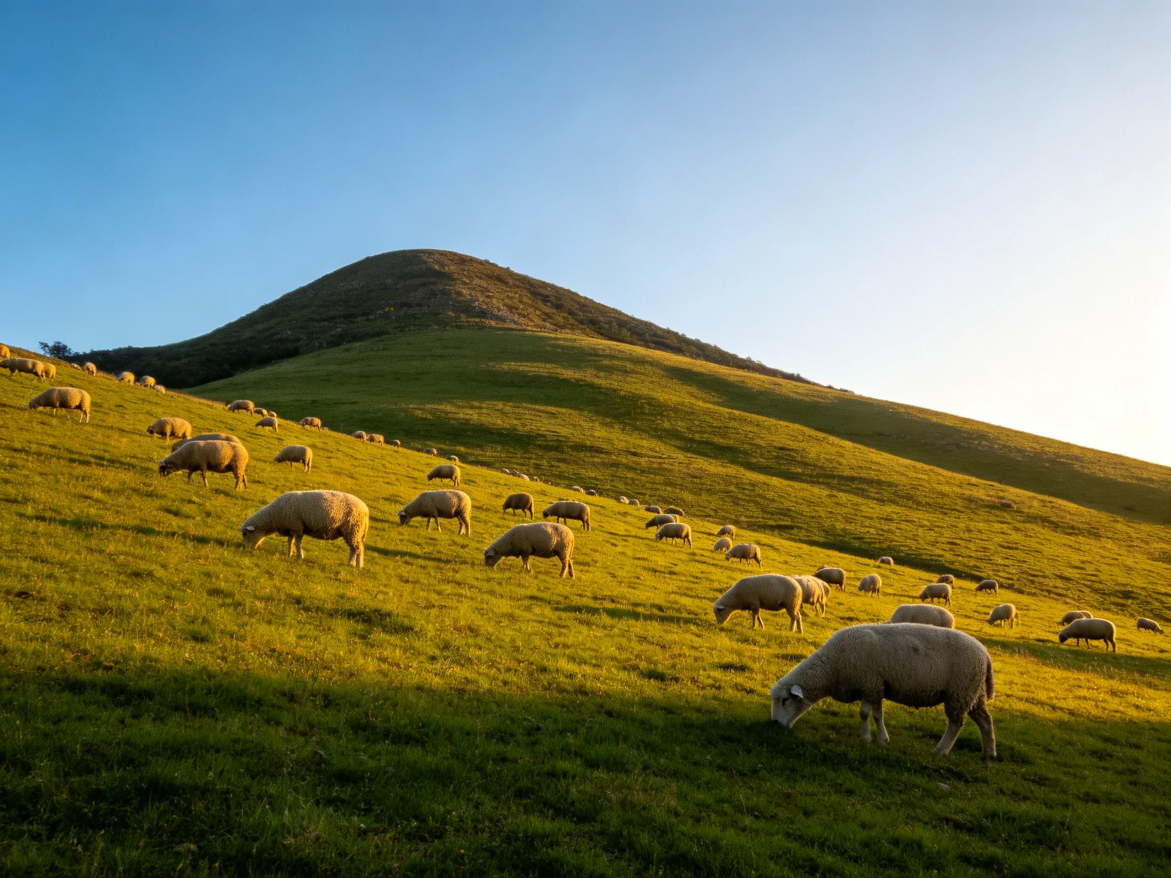 A flock of sheep graze on a sunlit green hillside