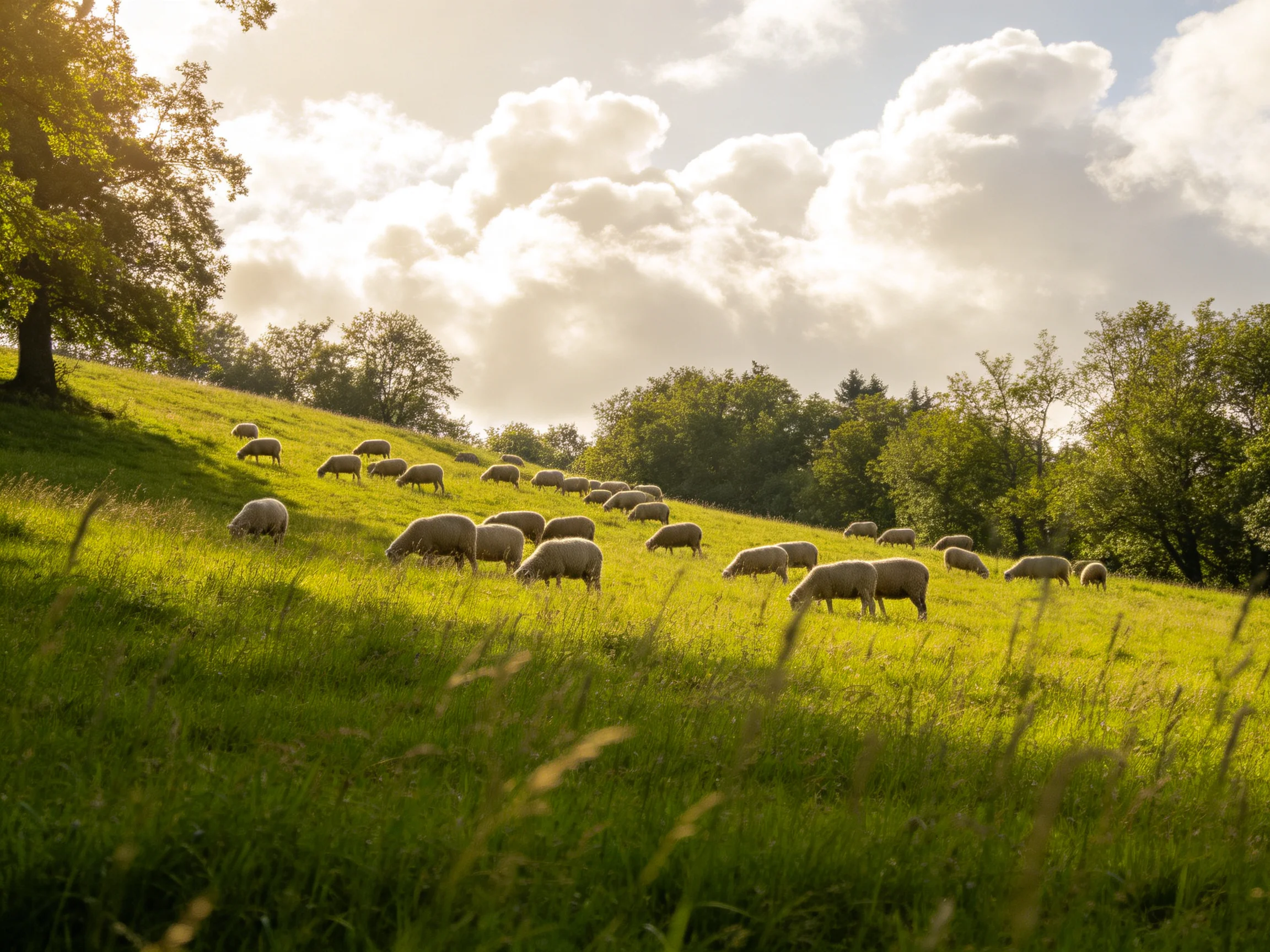 A flock of sheep graze on a sunlit green hillside with trees