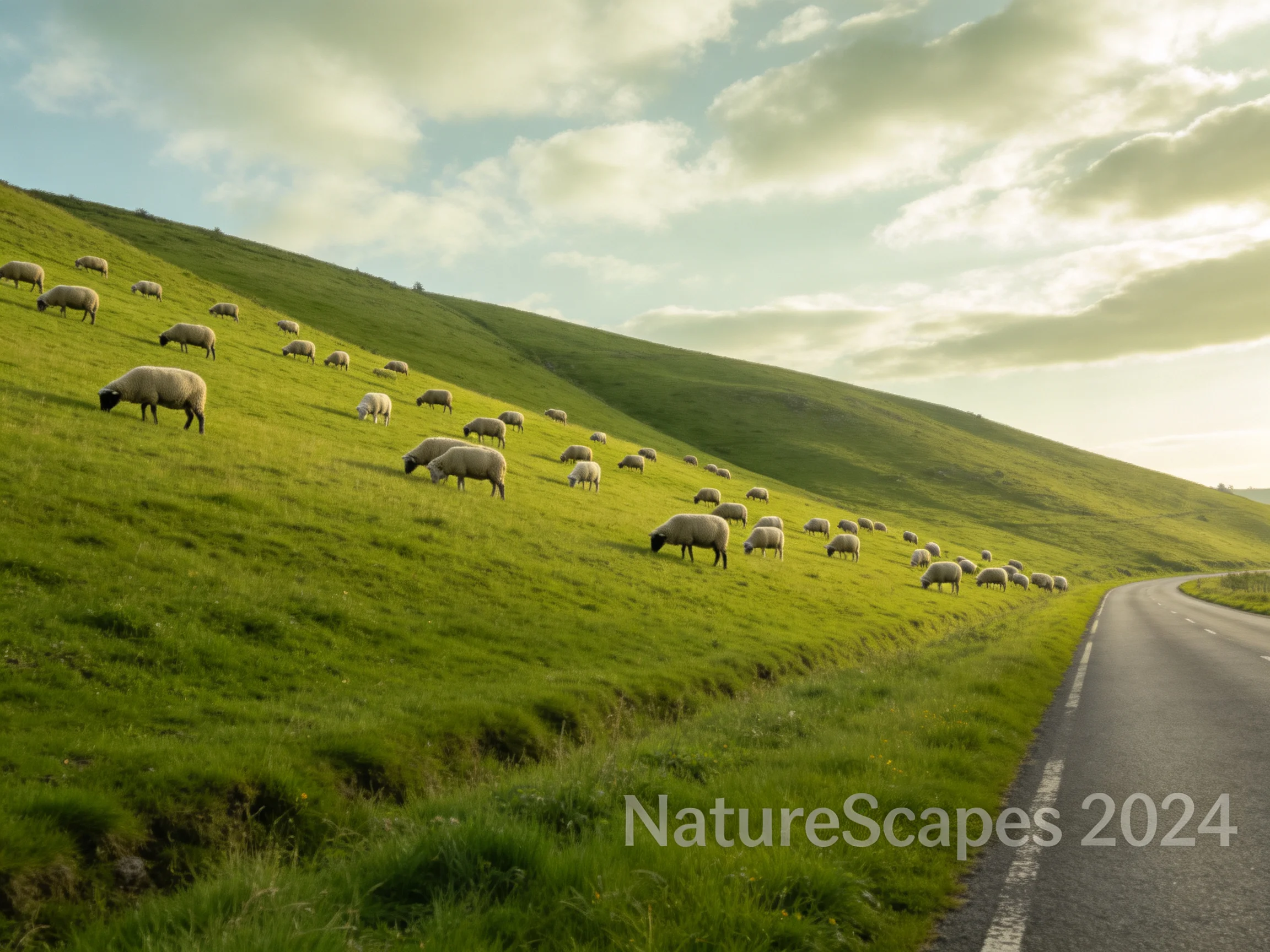 A flock of sheep graze on rolling green hills beside a curving road