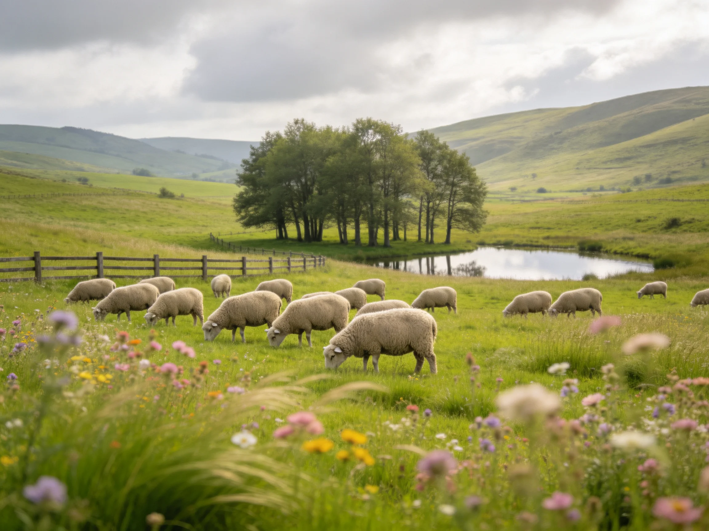 A flock of sheep grazes in a colorful meadow by a pond and trees