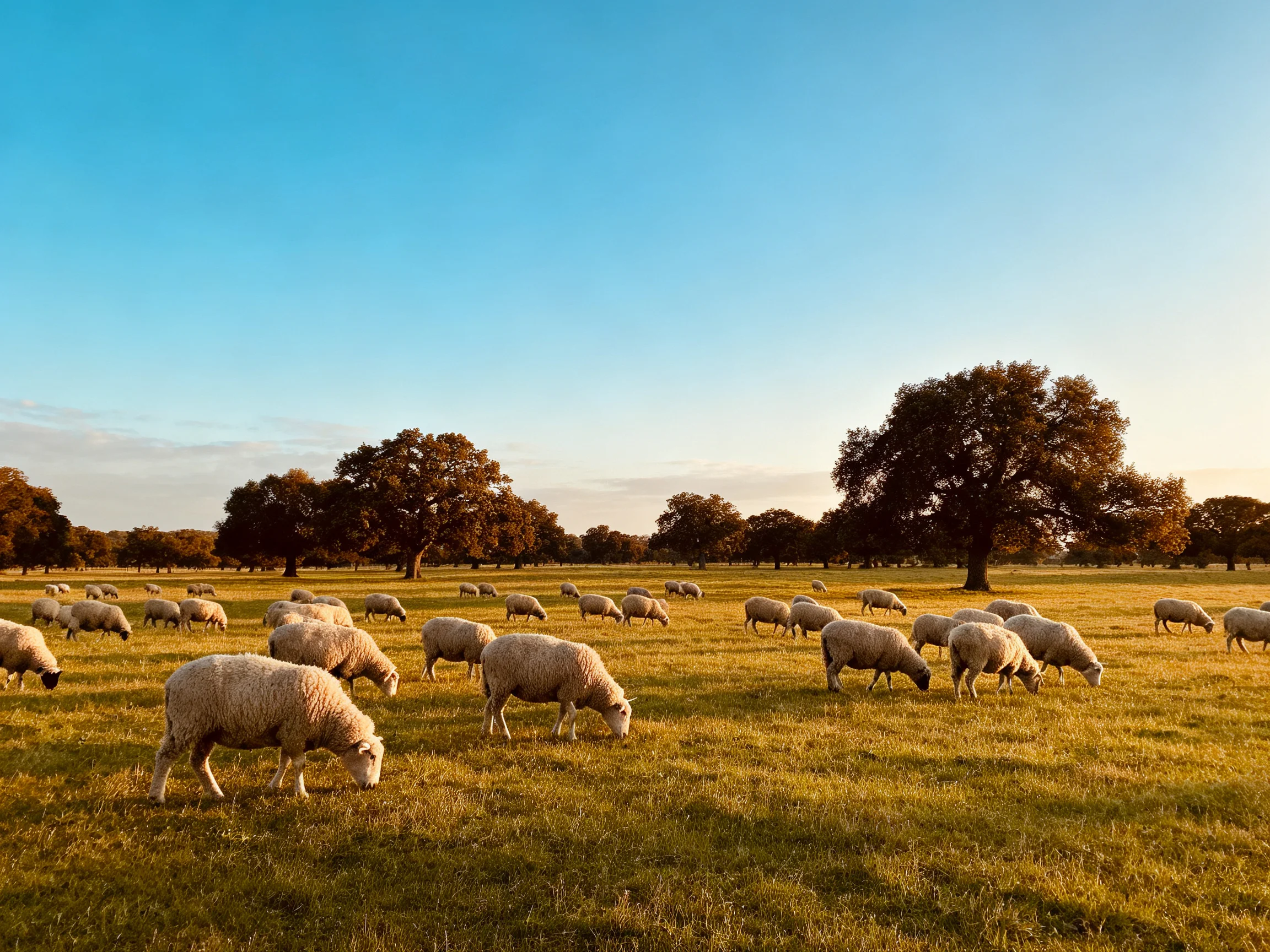A flock of sheep grazes in a golden field with large brown trees