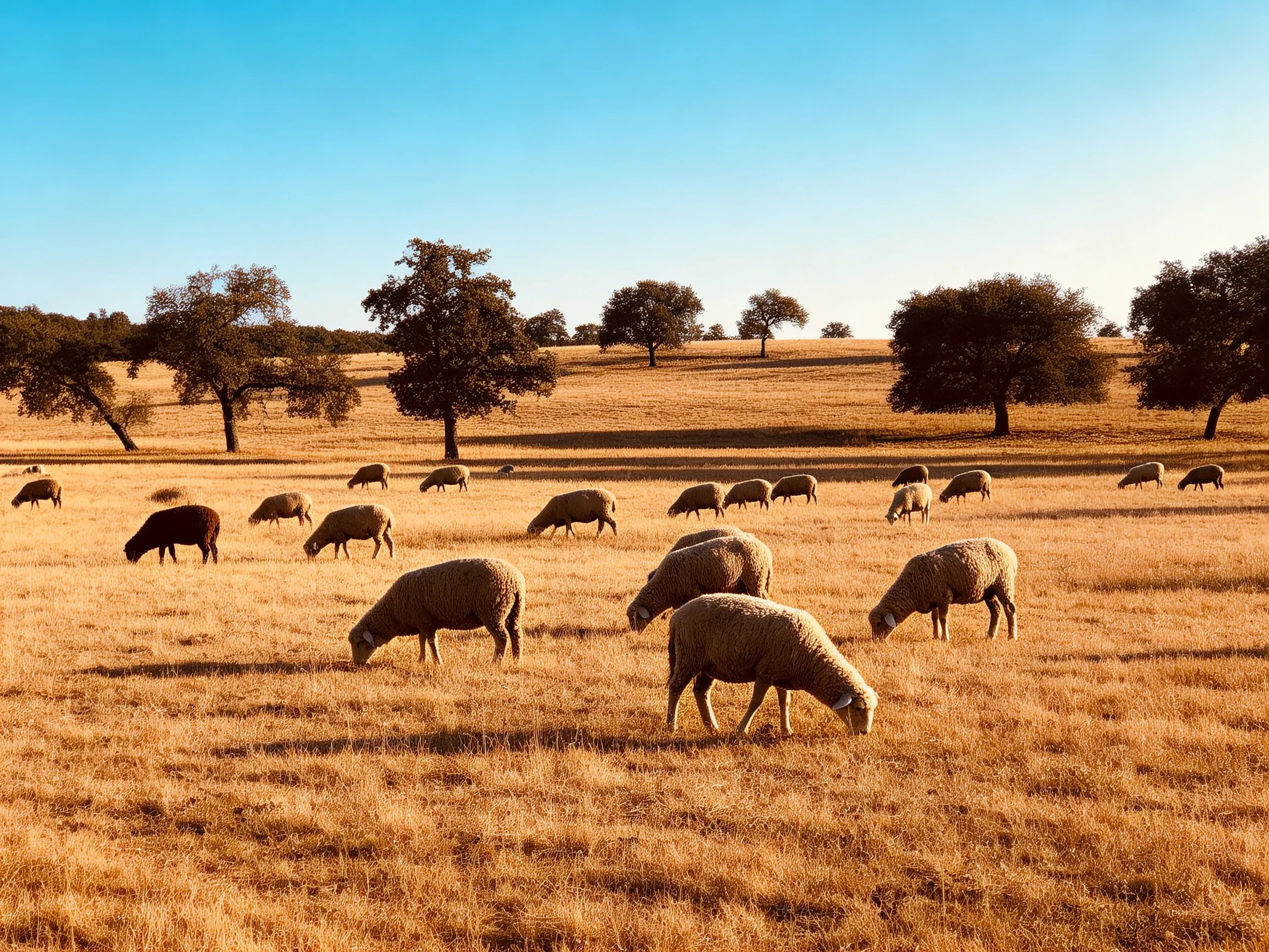 A flock of sheep grazes in a golden field with scattered trees under clear blue sky