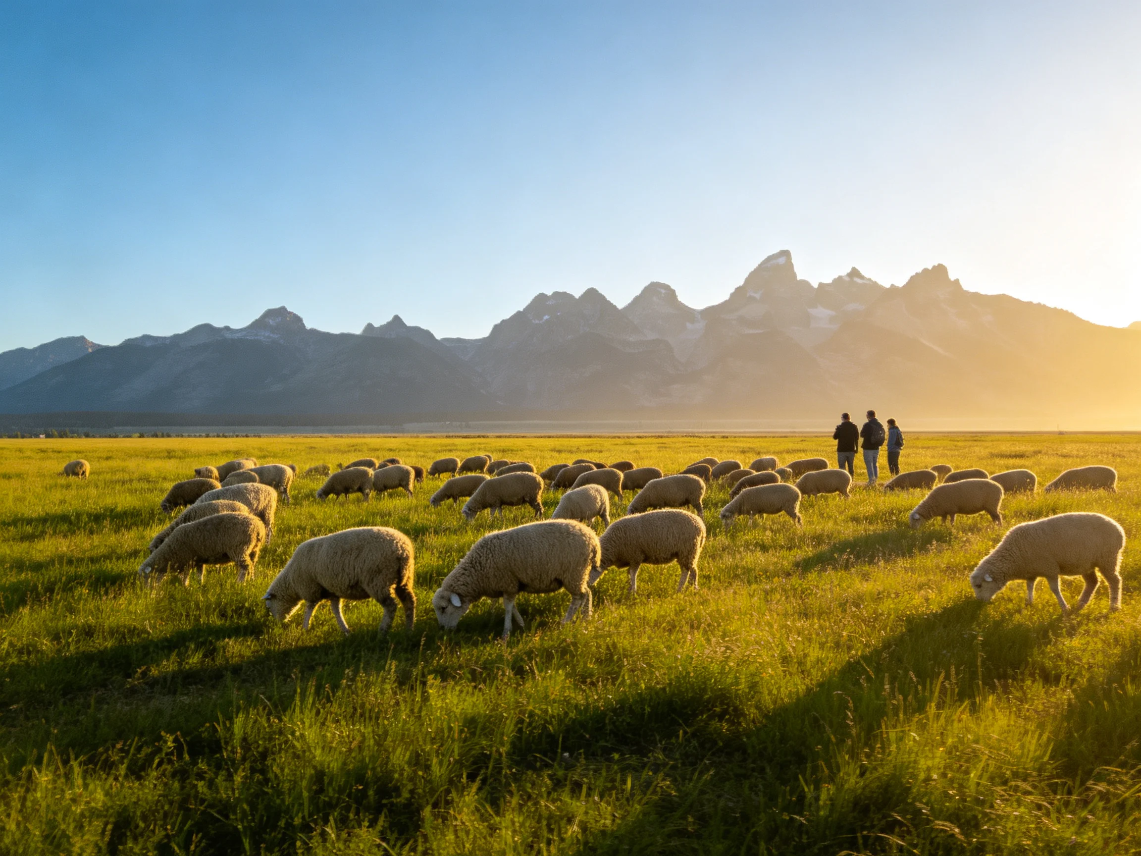 A flock of sheep grazes in a golden meadow with towering mountain backdrop