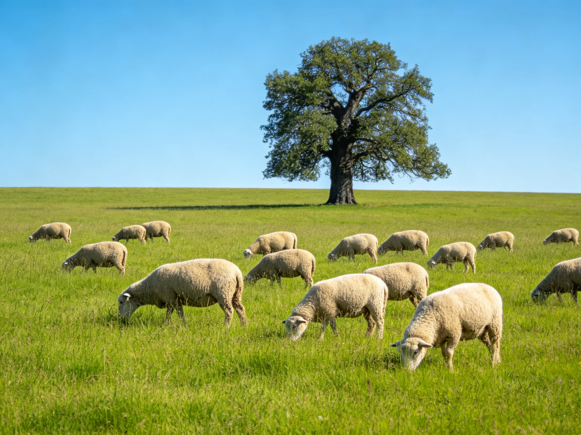 A flock of sheep grazes in a lush green meadow near a large oak tree