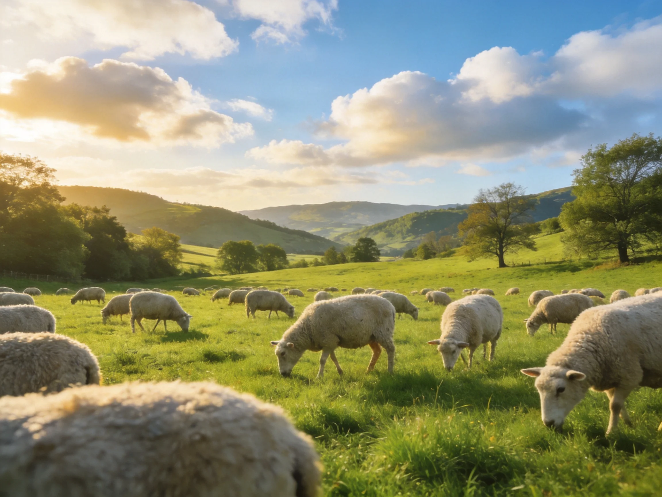A flock of sheep grazes in a lush green meadow under golden sunlight