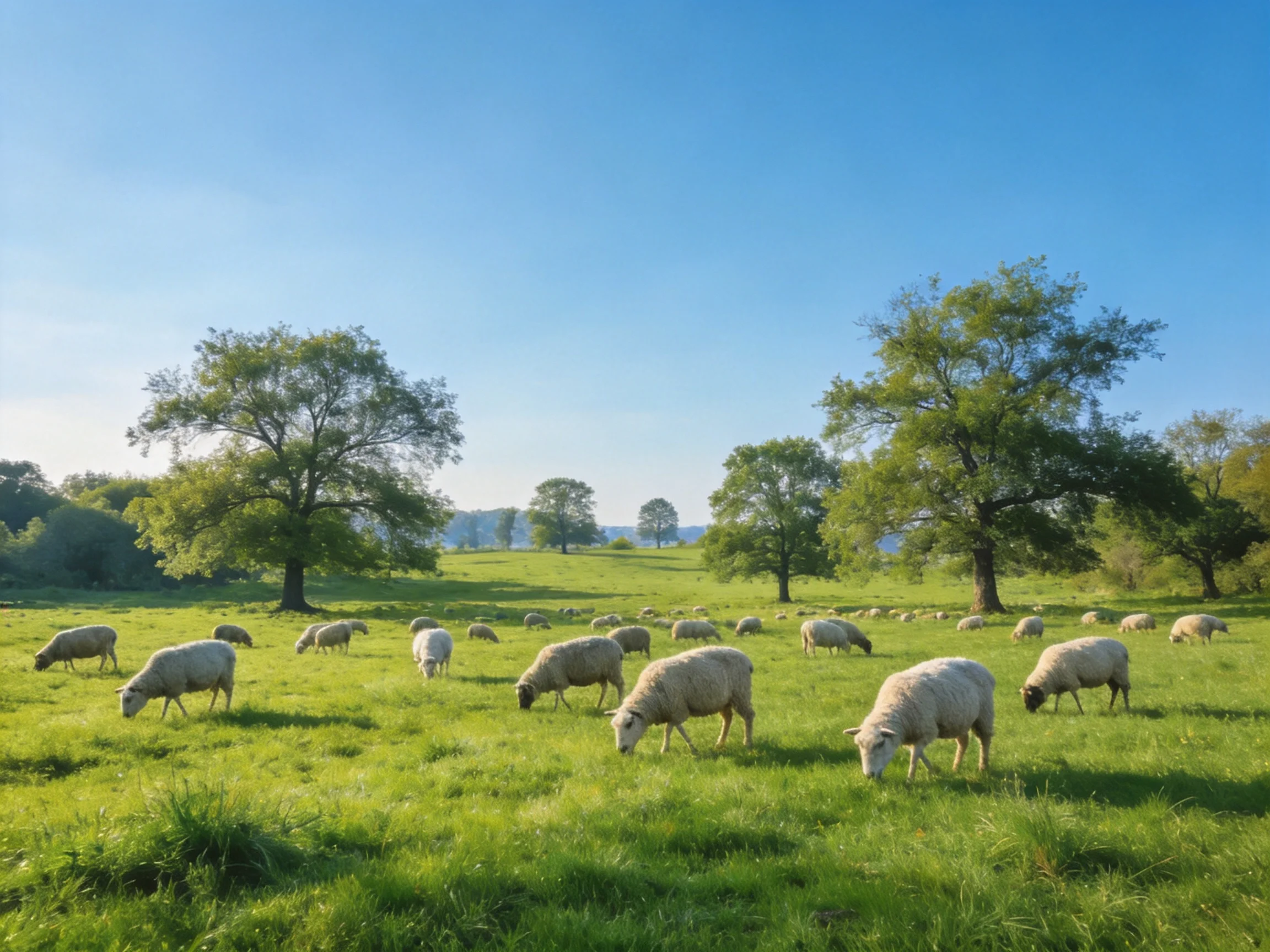 A flock of sheep grazes in a lush green meadow with large trees