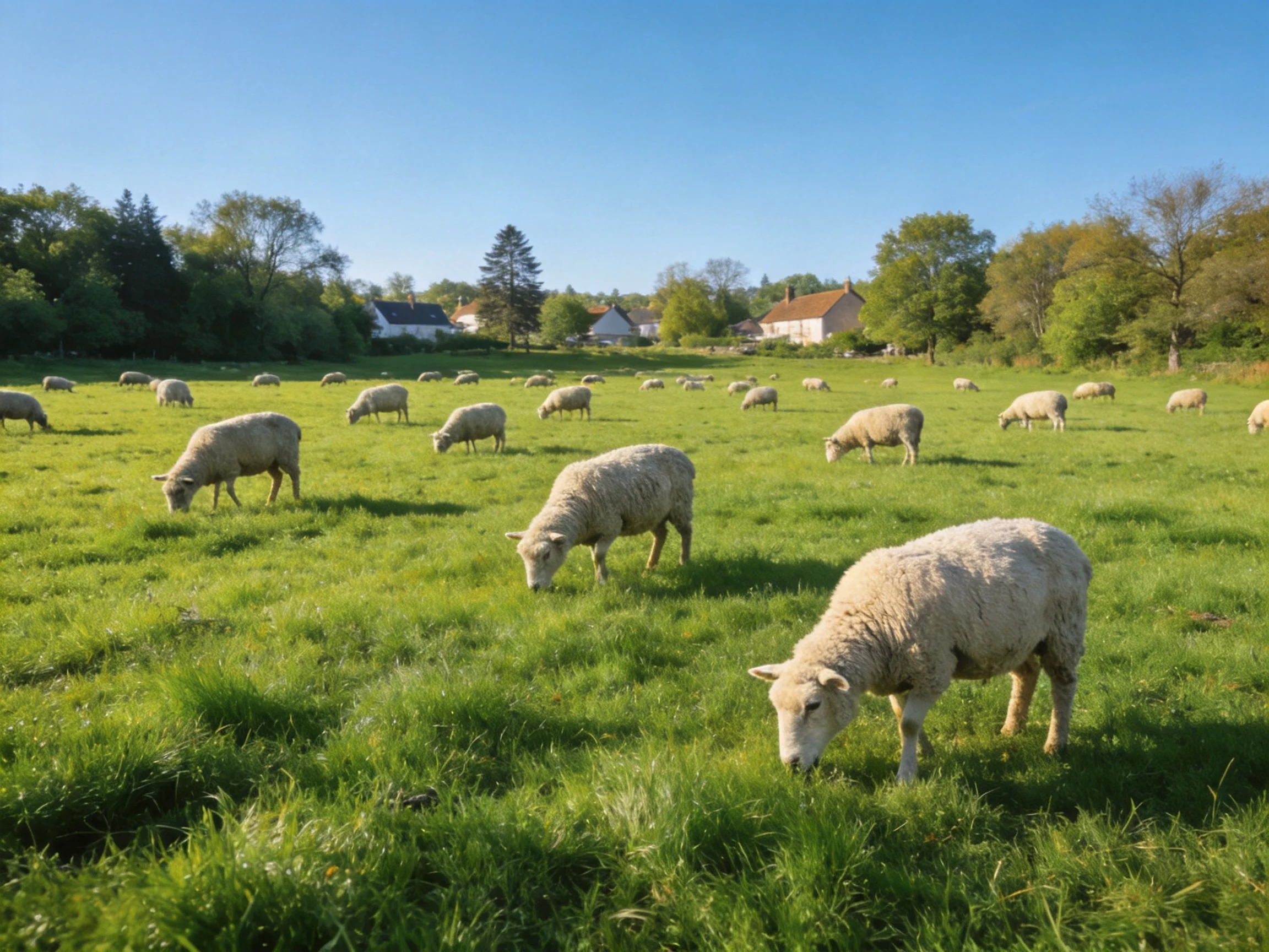 A flock of sheep grazes in a lush green pasture near homes