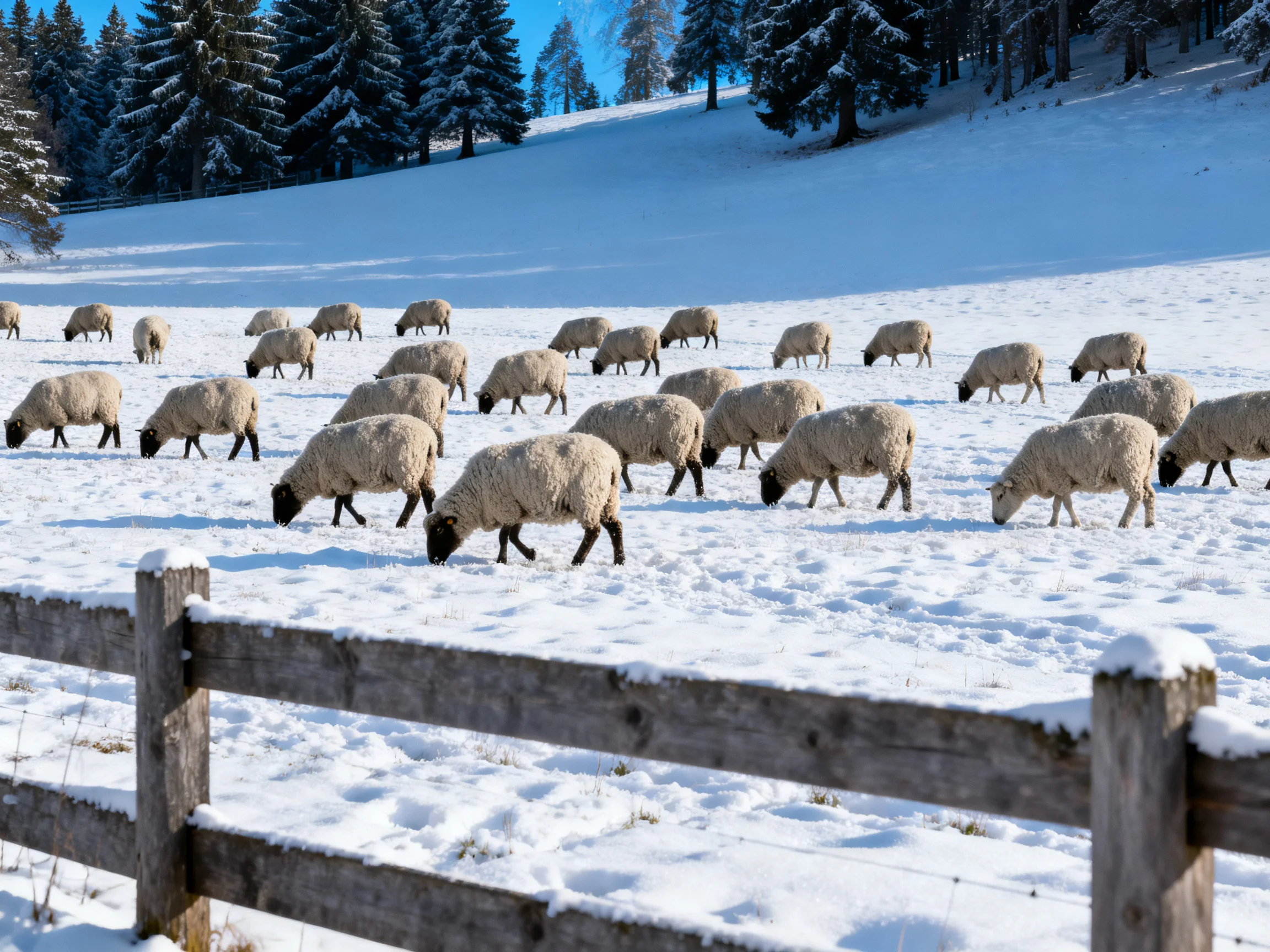 A flock of sheep grazes in a snow - covered field with evergreen trees