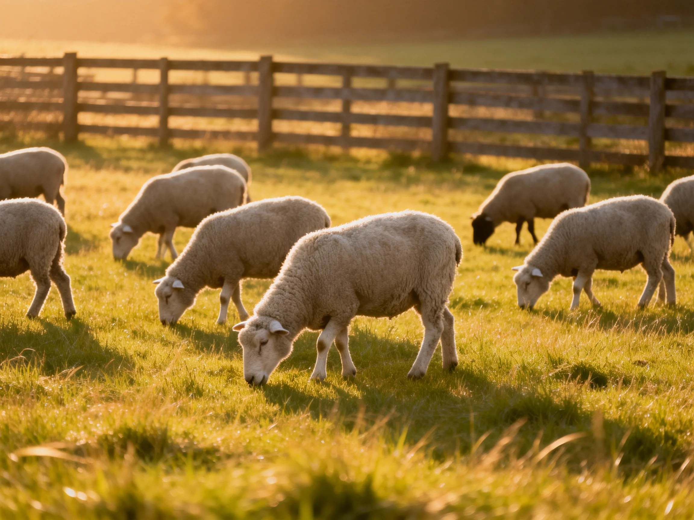 A flock of sheep grazes in a sunlit fenced pasture