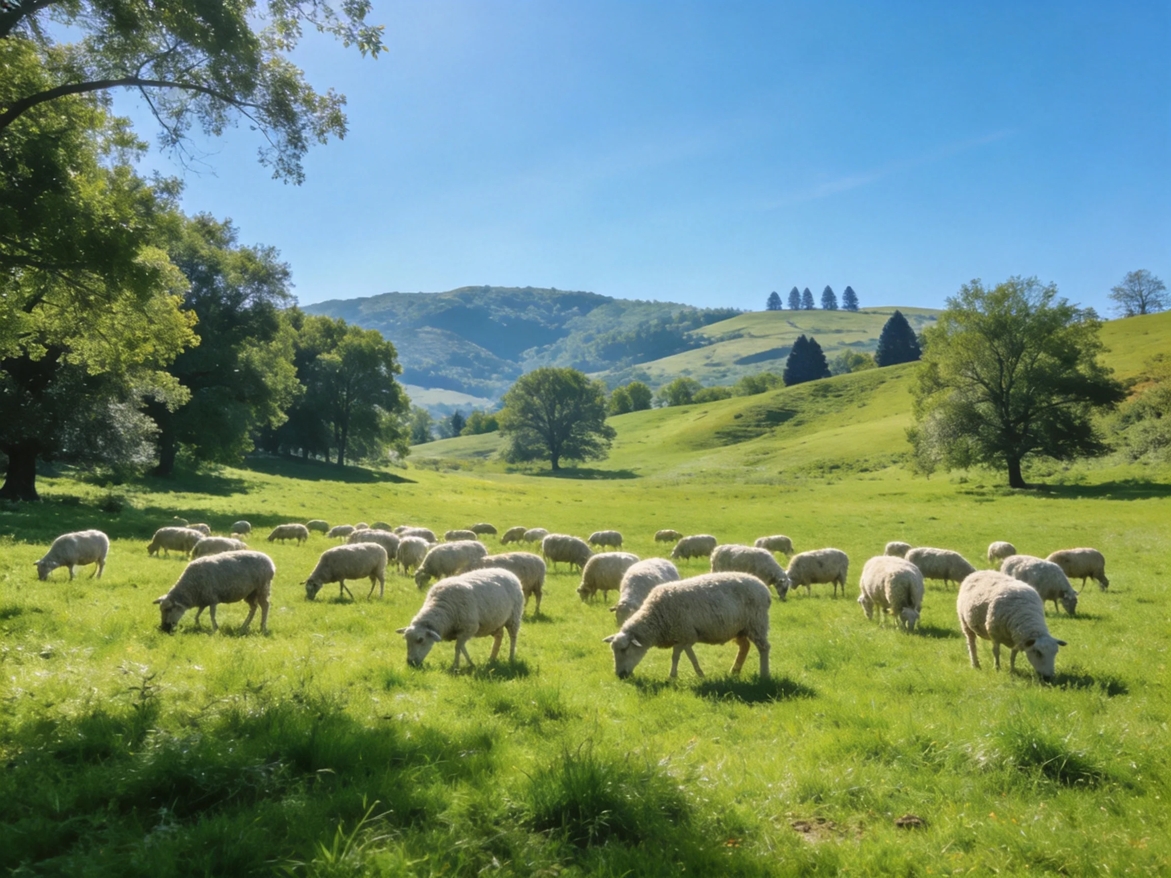 A flock of sheep grazes in a sunlit green meadow with rolling hills