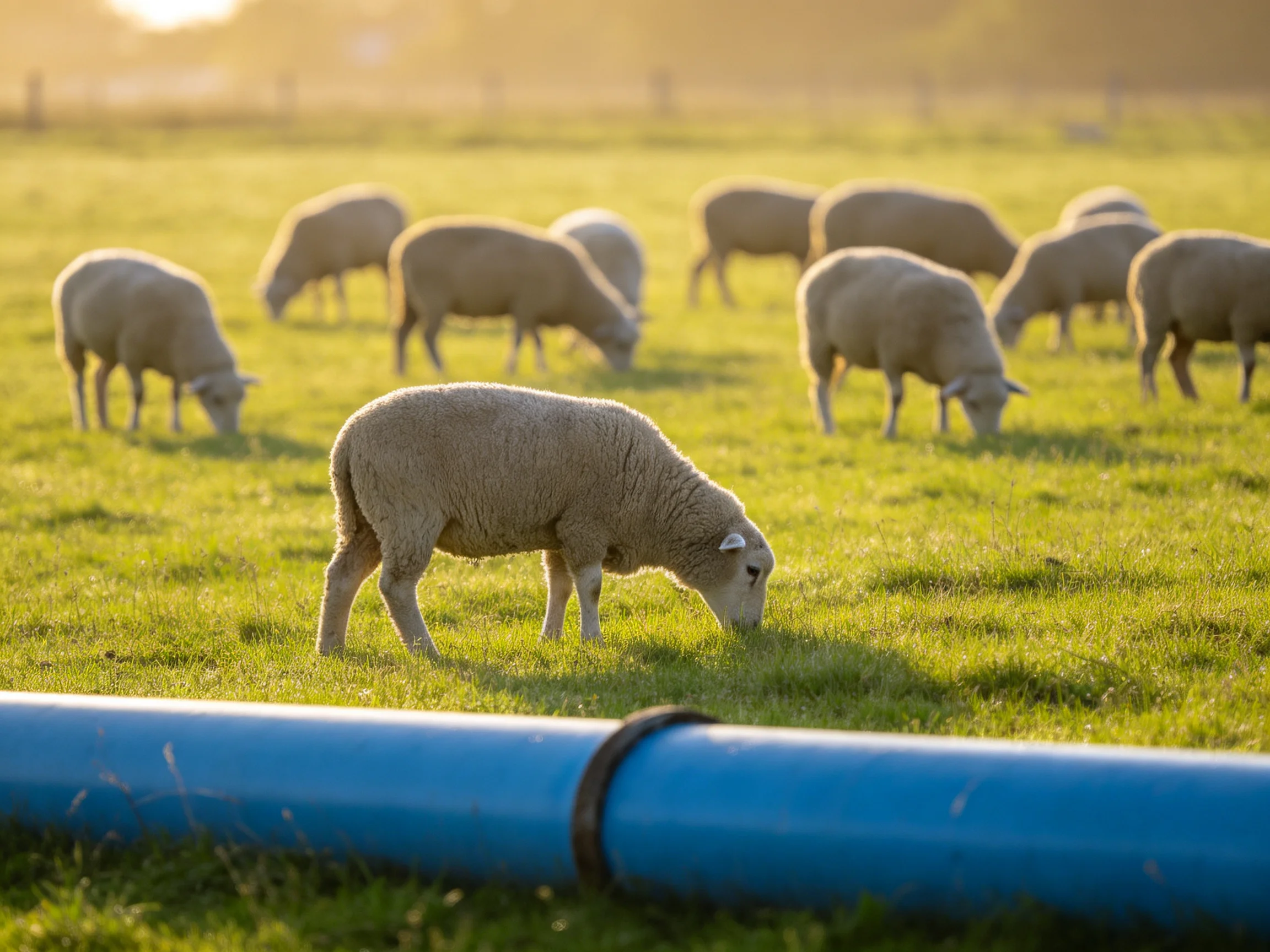 A flock of sheep grazes in a sunlit green pasture near a blue pipe