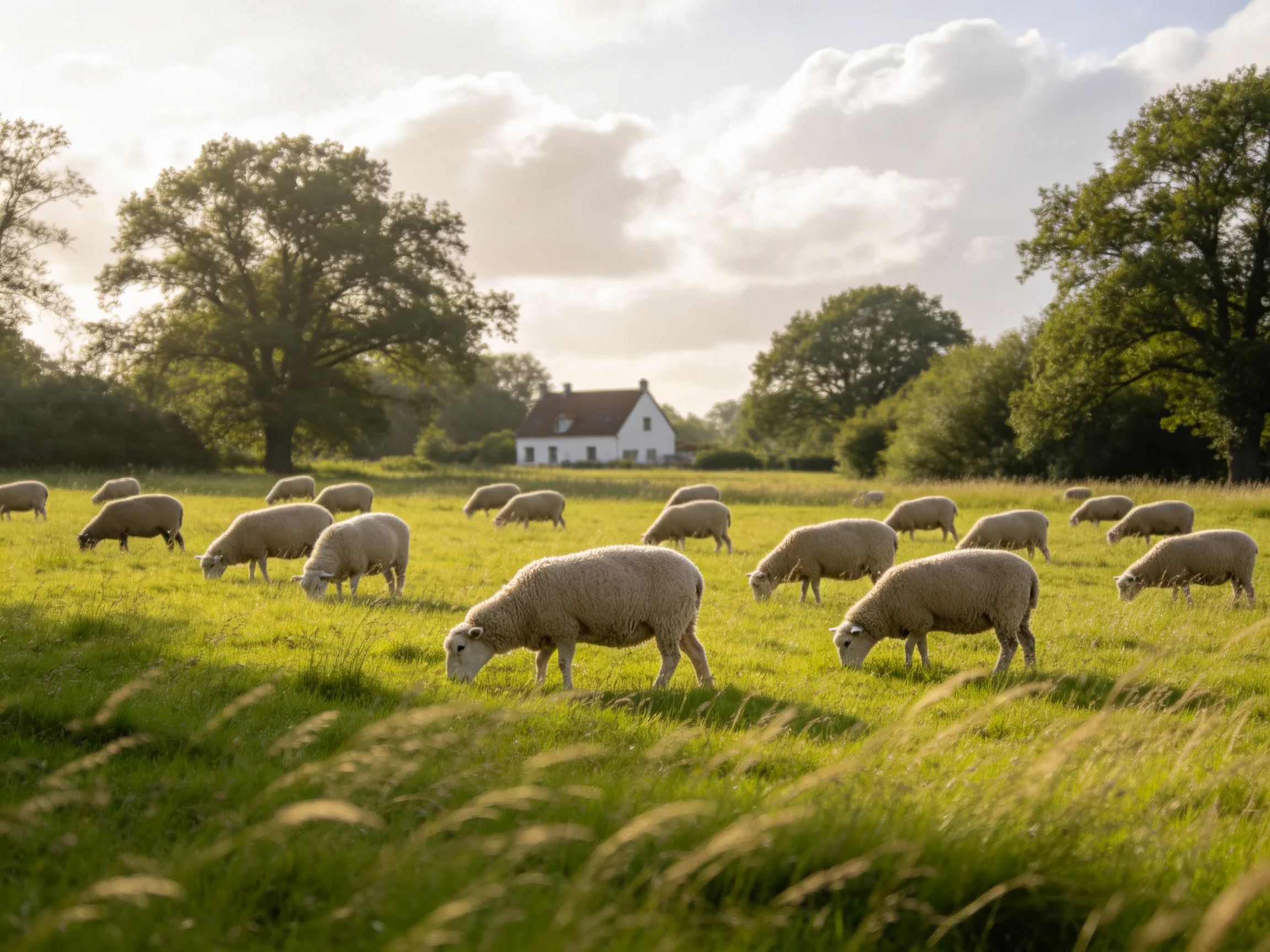 A flock of sheep grazes in a sunlit green pasture near a white farmhouse