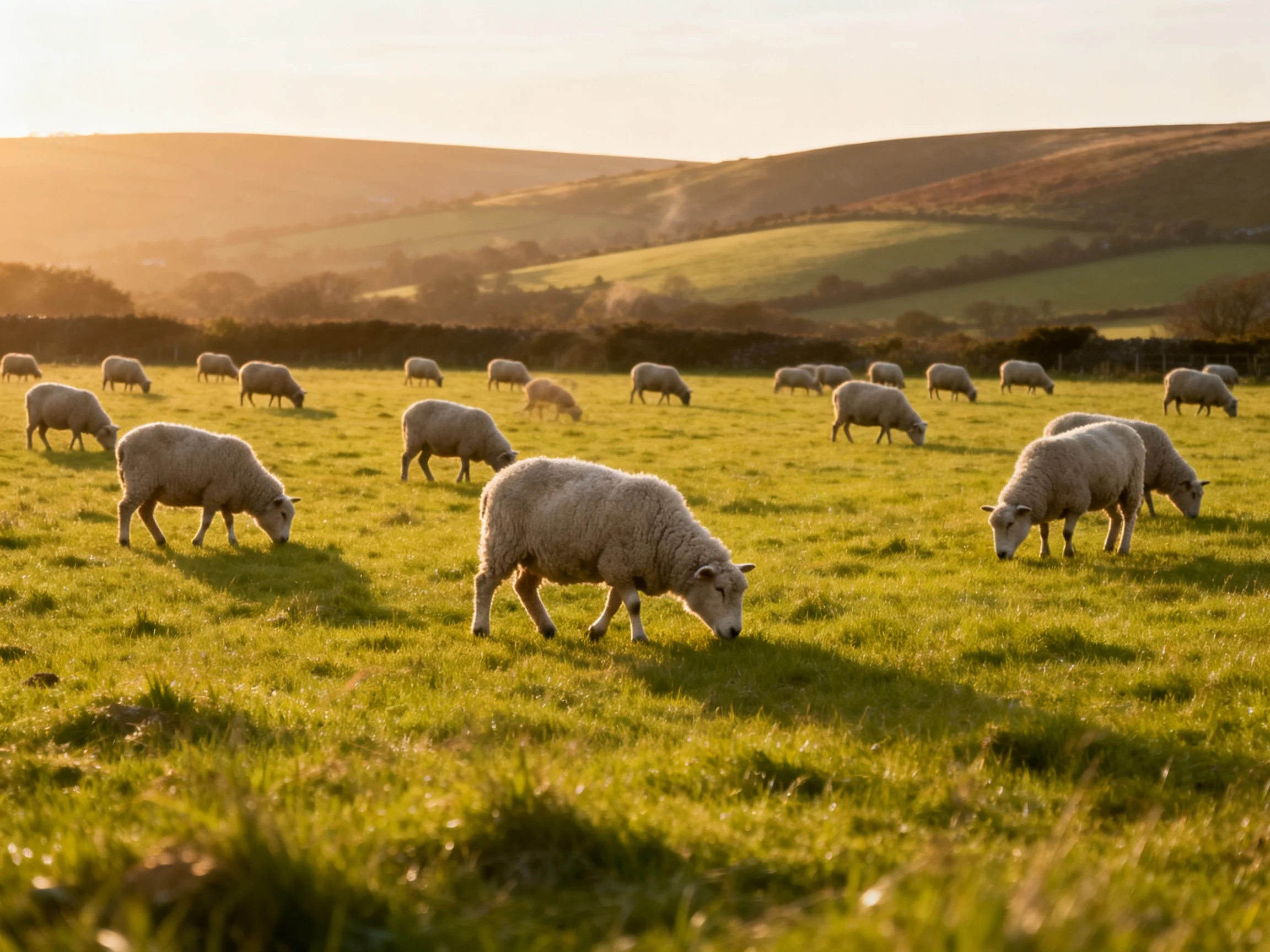 A flock of sheep grazes in a sunlit green pasture with rolling hills