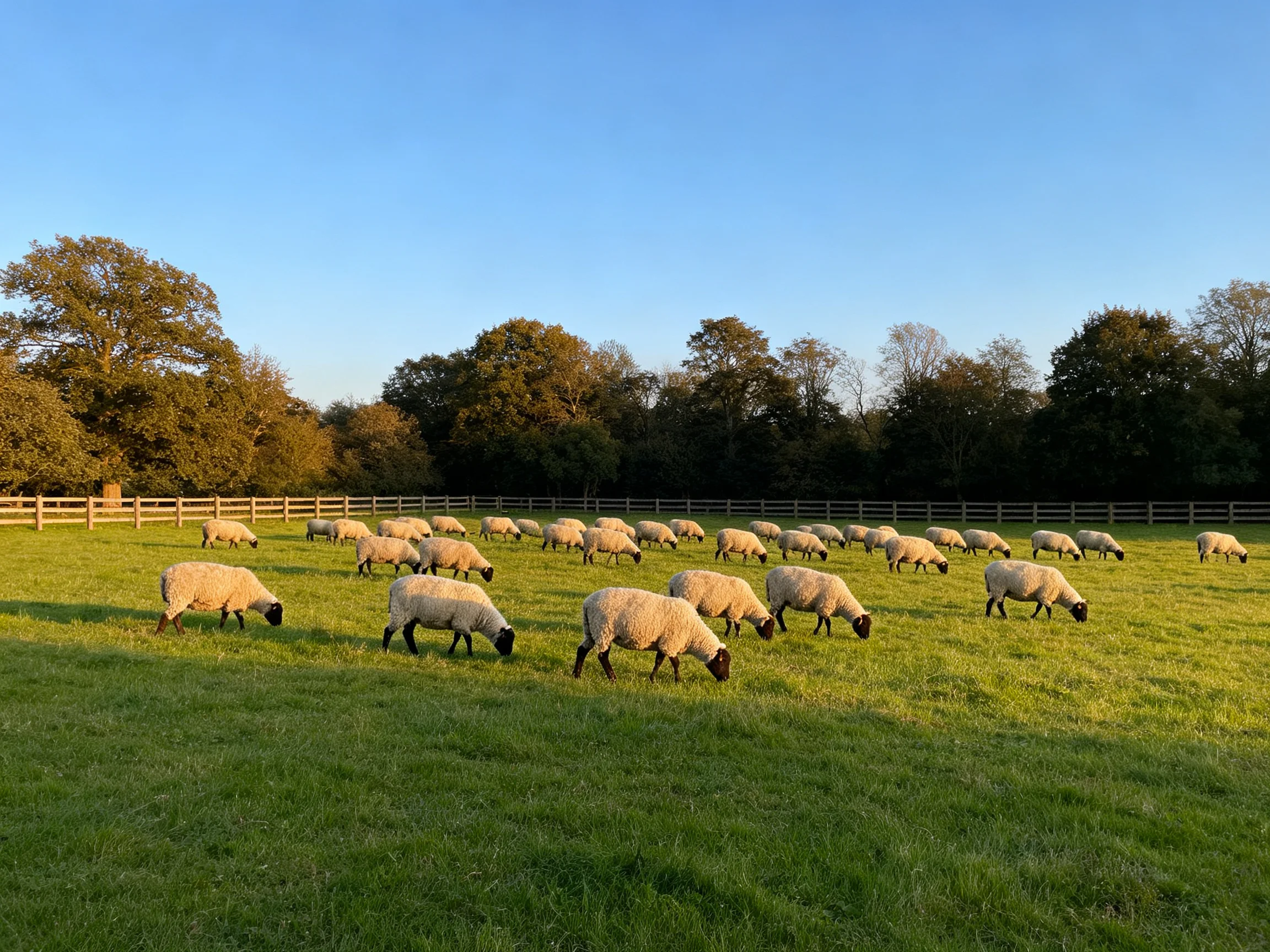 A flock of sheep grazes in a sunlit green pasture with wooden fences