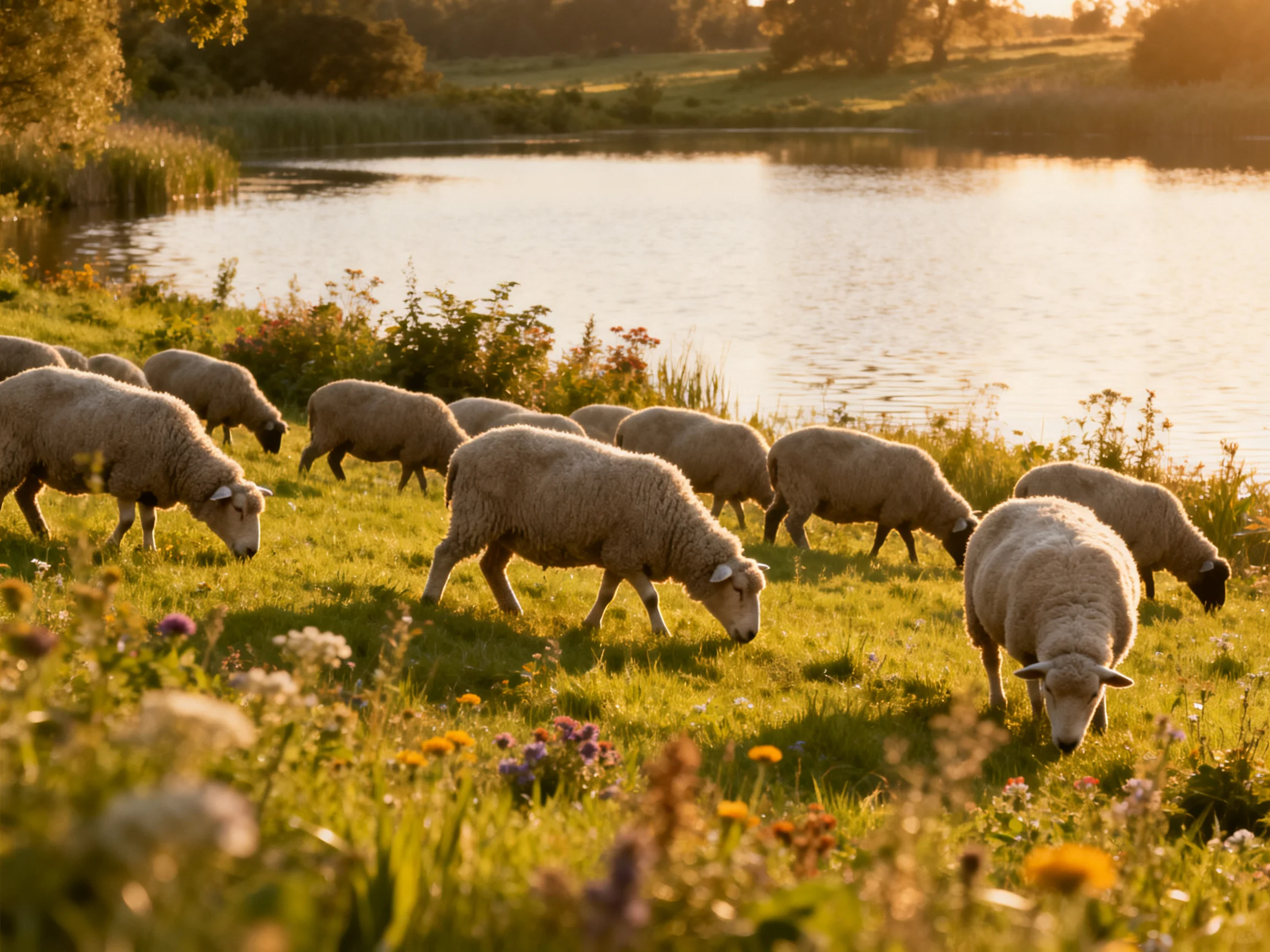 A flock of sheep grazes in a sunlit meadow beside a tranquil lake