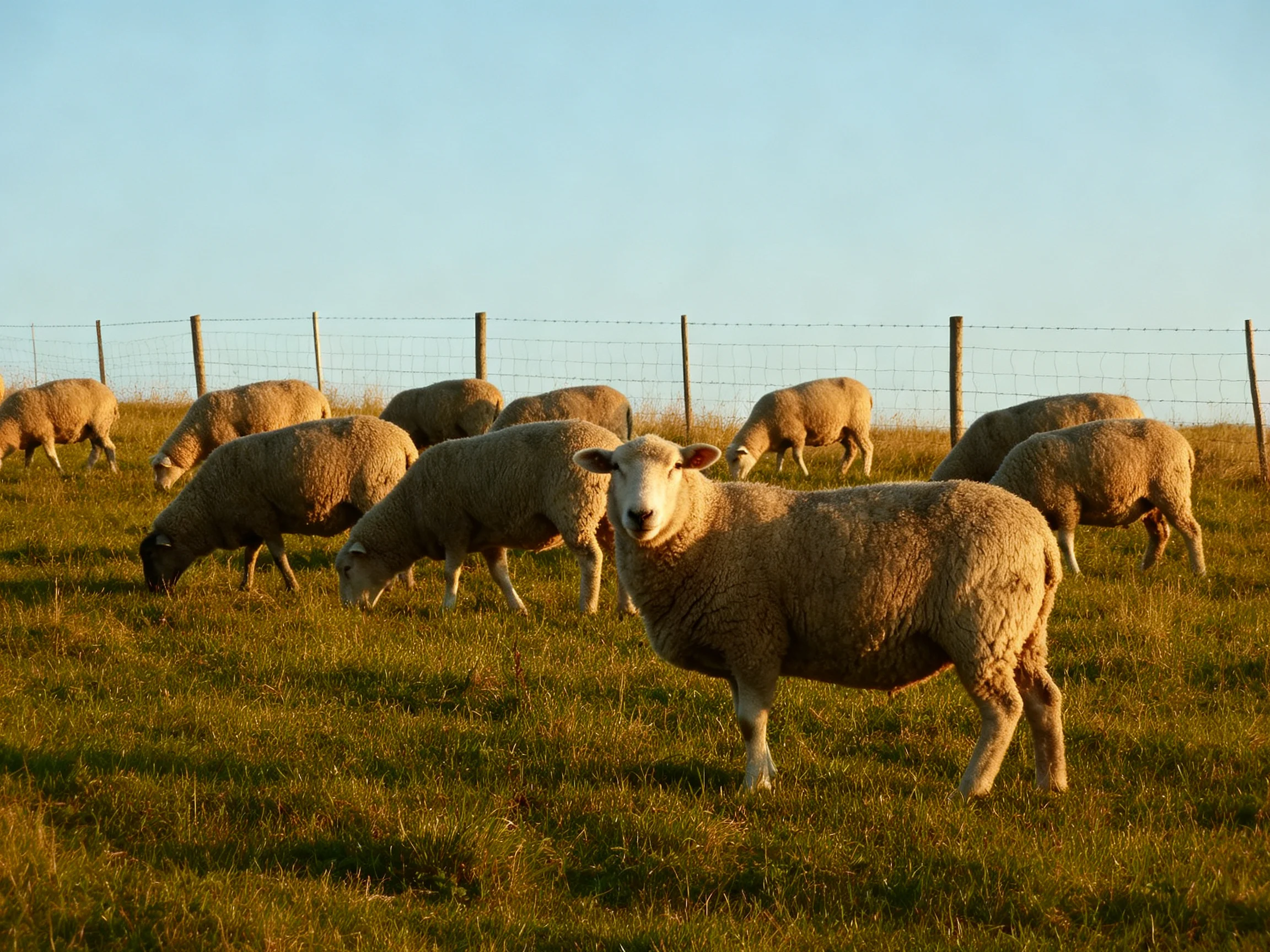 A flock of sheep grazes in a sunlit pasture by a wire fence
