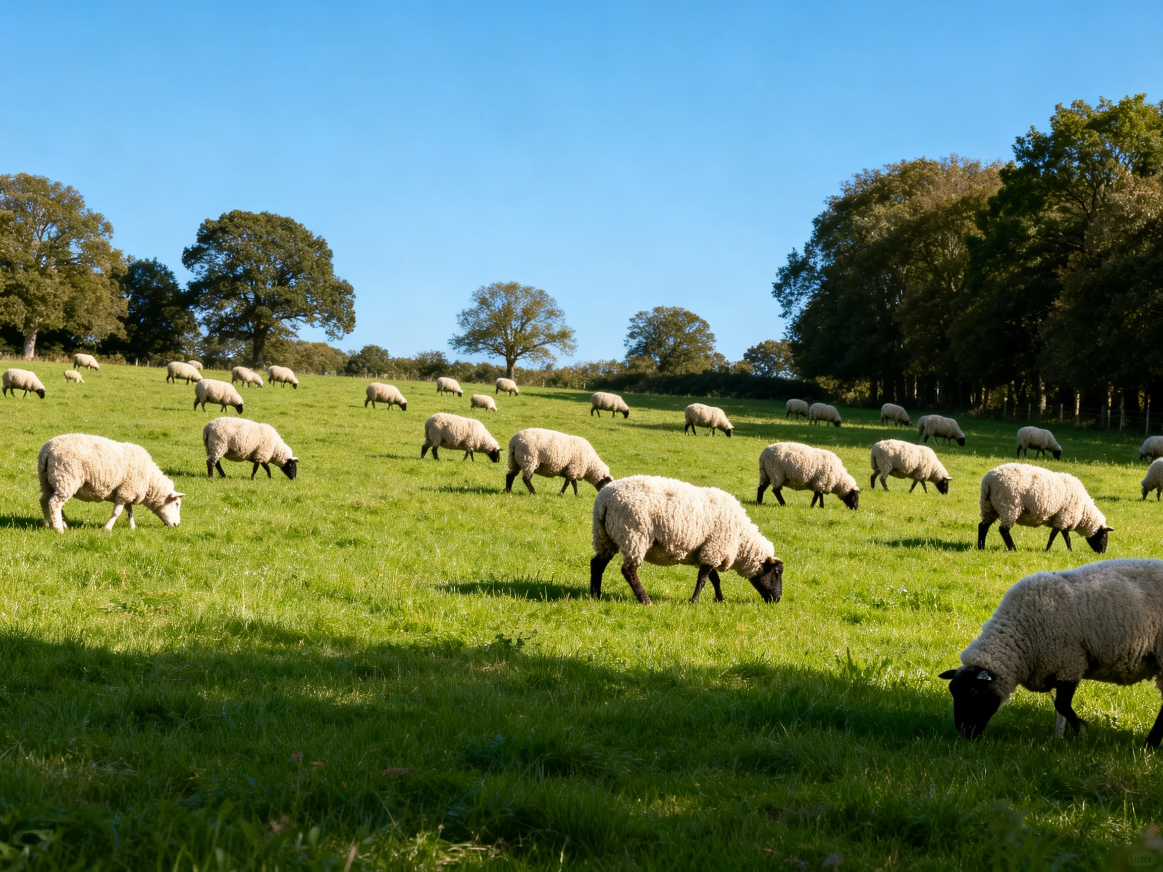 A flock of sheep grazes in a sunny green pasture
