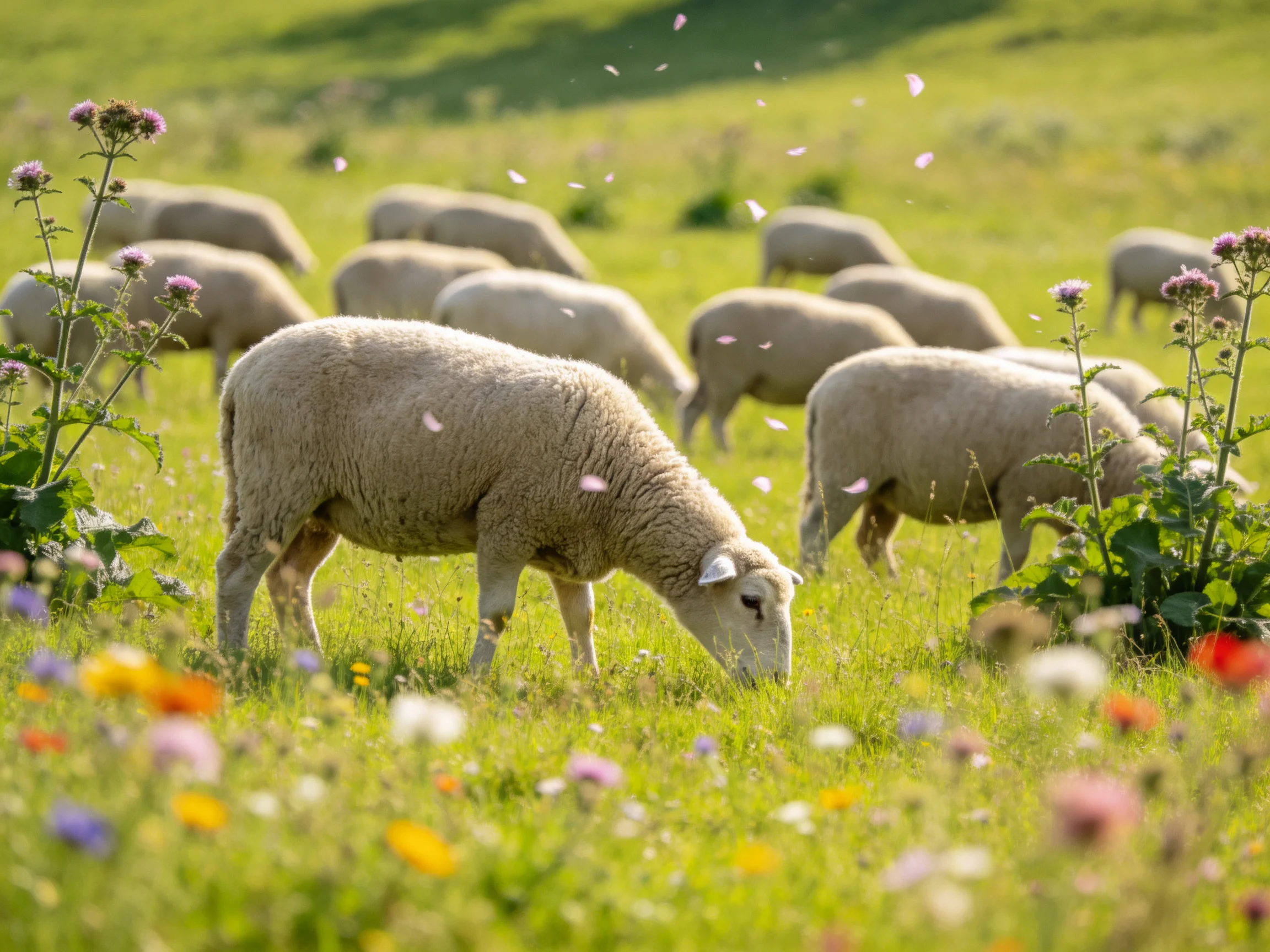 A flock of sheep grazes in a vibrant flower-filled meadow