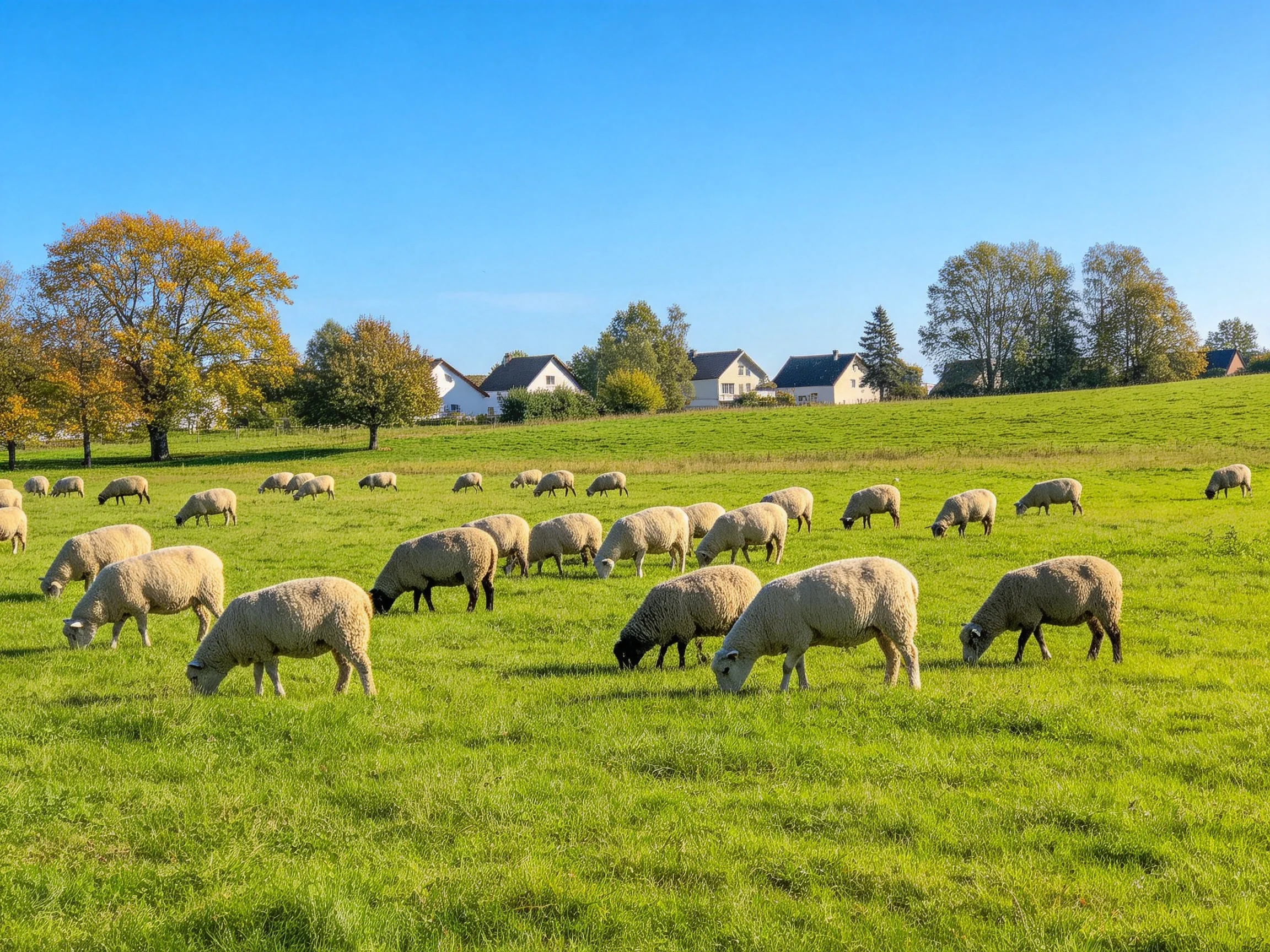 A flock of sheep grazes in a vibrant green countryside pasture