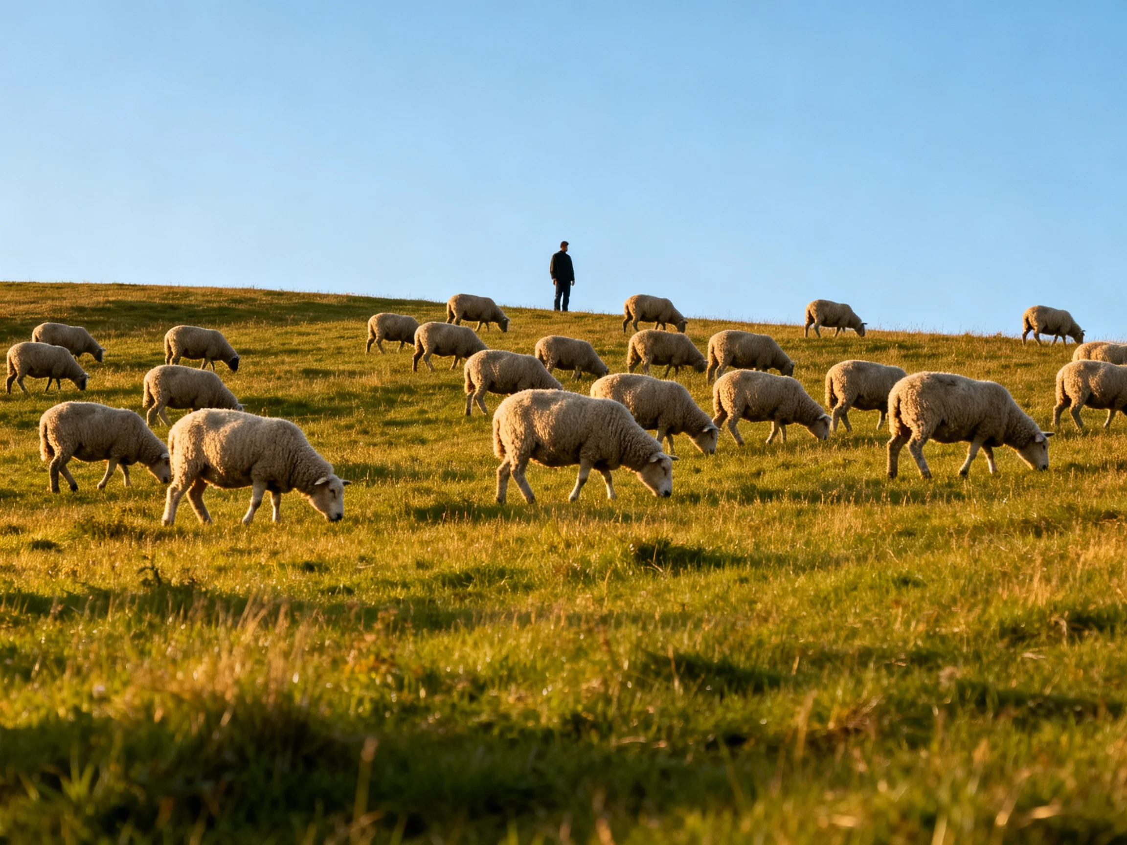 A flock of sheep grazes on a golden hillside beneath clear blue sky