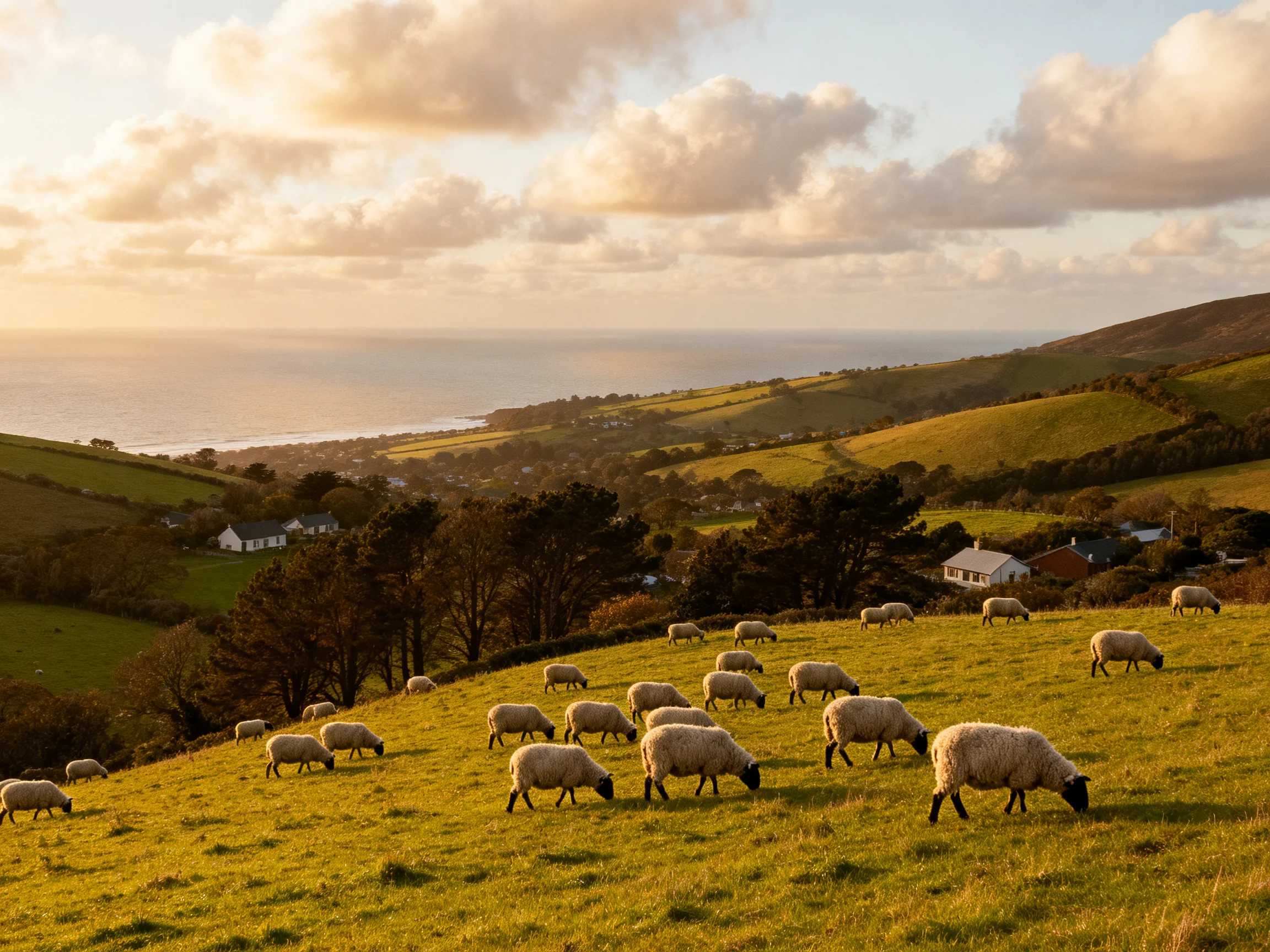 A flock of sheep grazes on a golden hillside near the coast