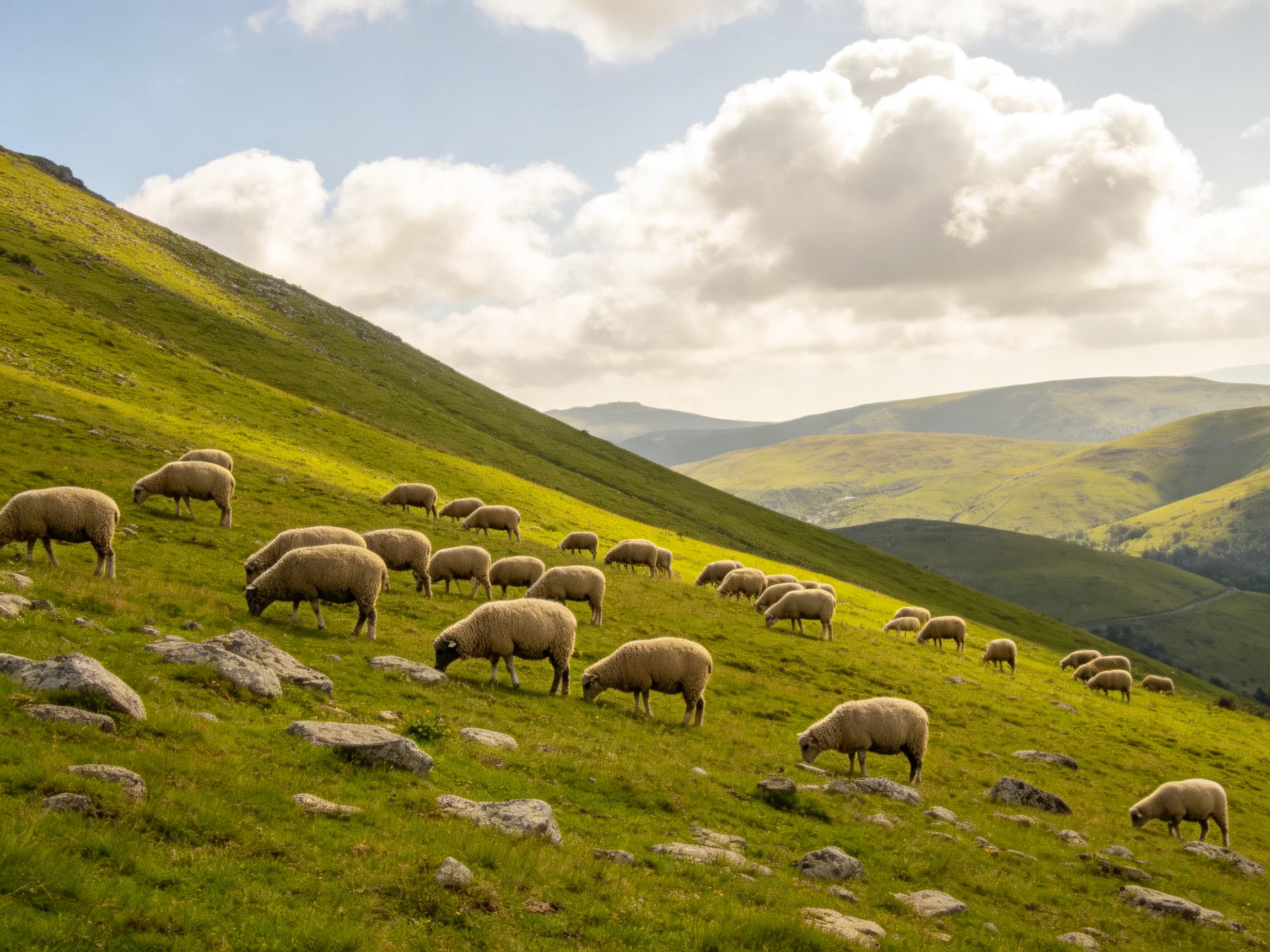 A flock of sheep grazes on a lush green hillside under bright sky
