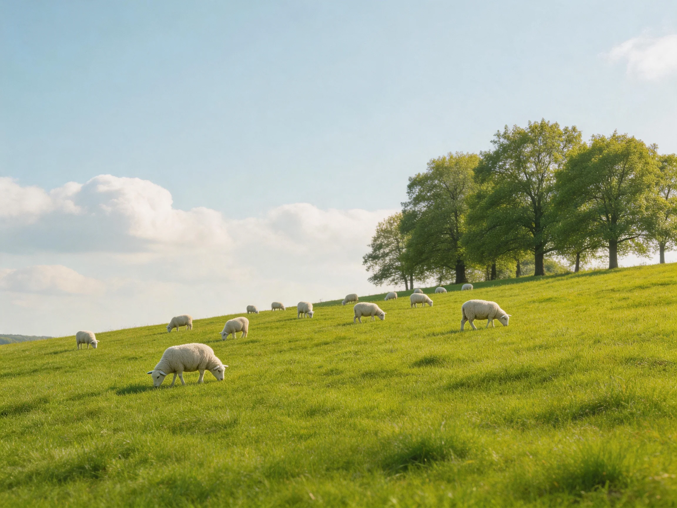 A flock of sheep grazes on a lush green hillside with tall trees