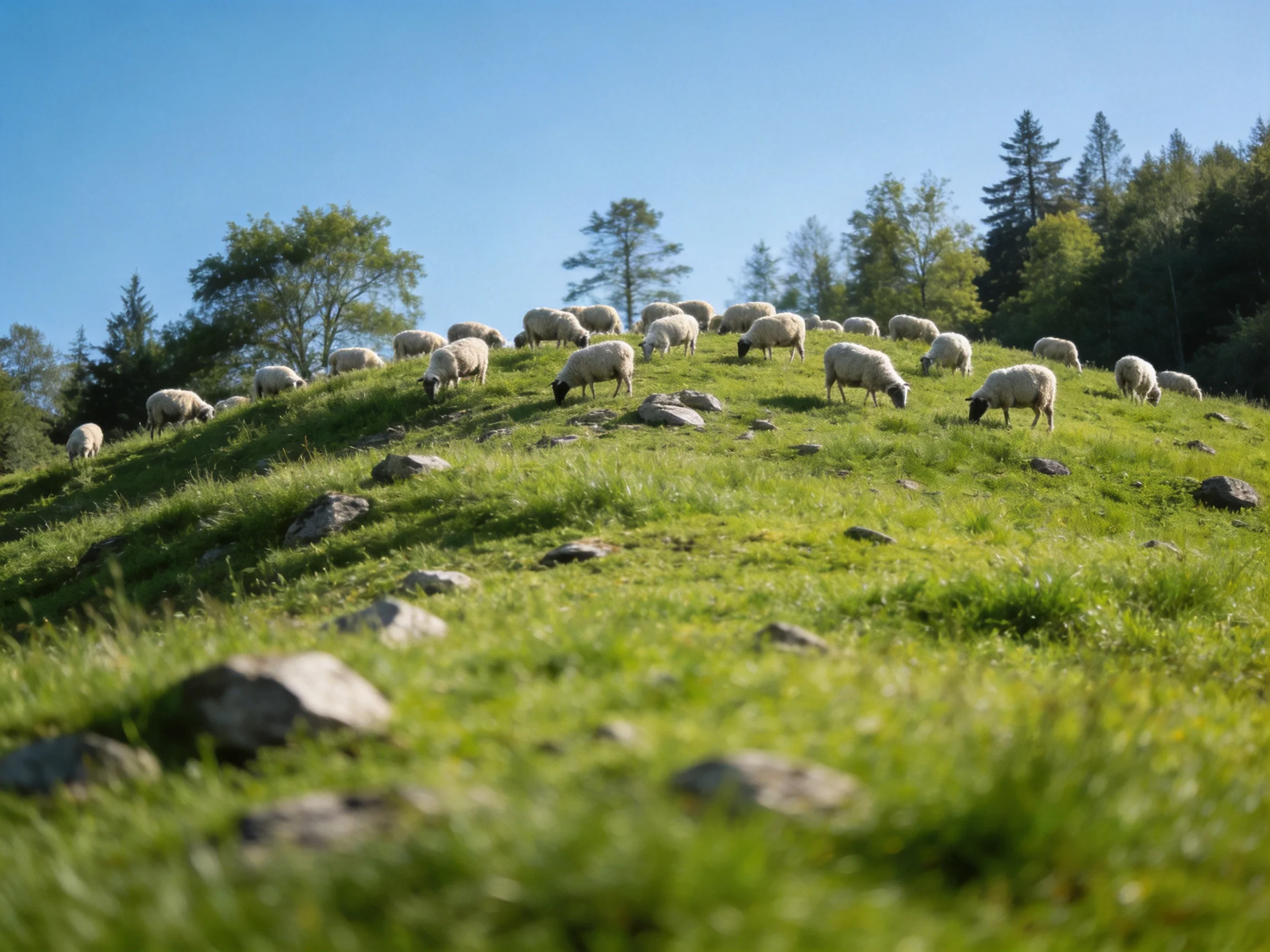 A flock of sheep grazes on a rocky green hillside with trees