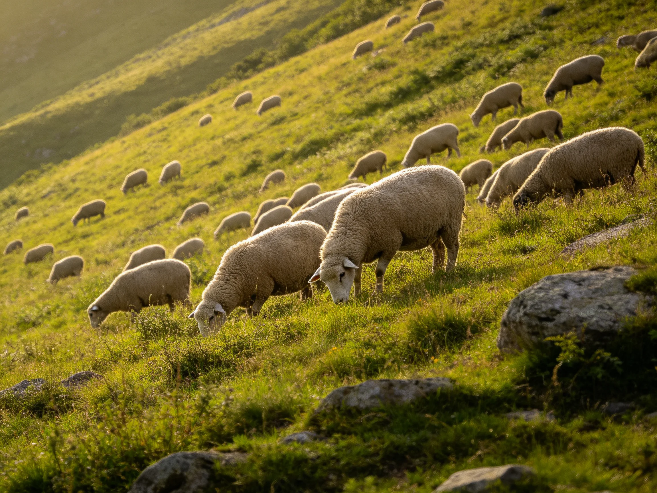 A flock of sheep grazes on a sunlit grassy hillside with scattered rocks