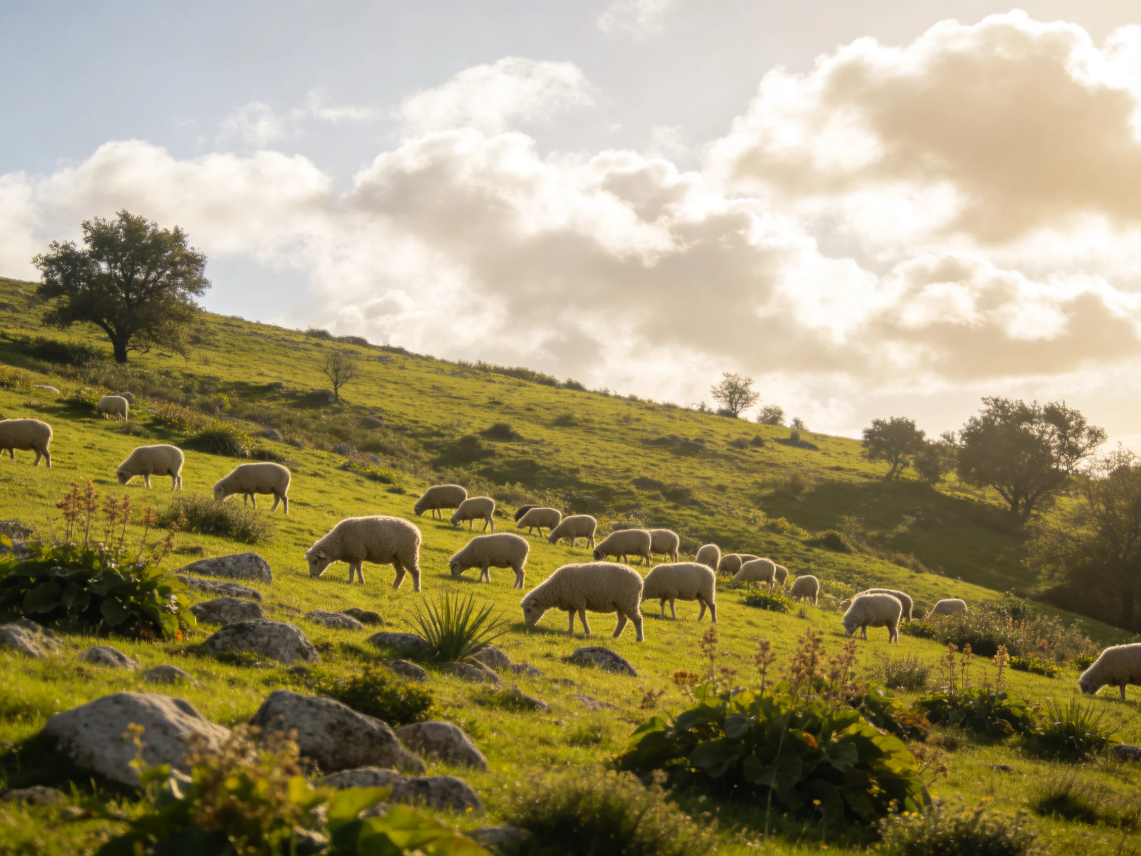 A flock of sheep grazes on a sunlit green hillside with rocks and trees