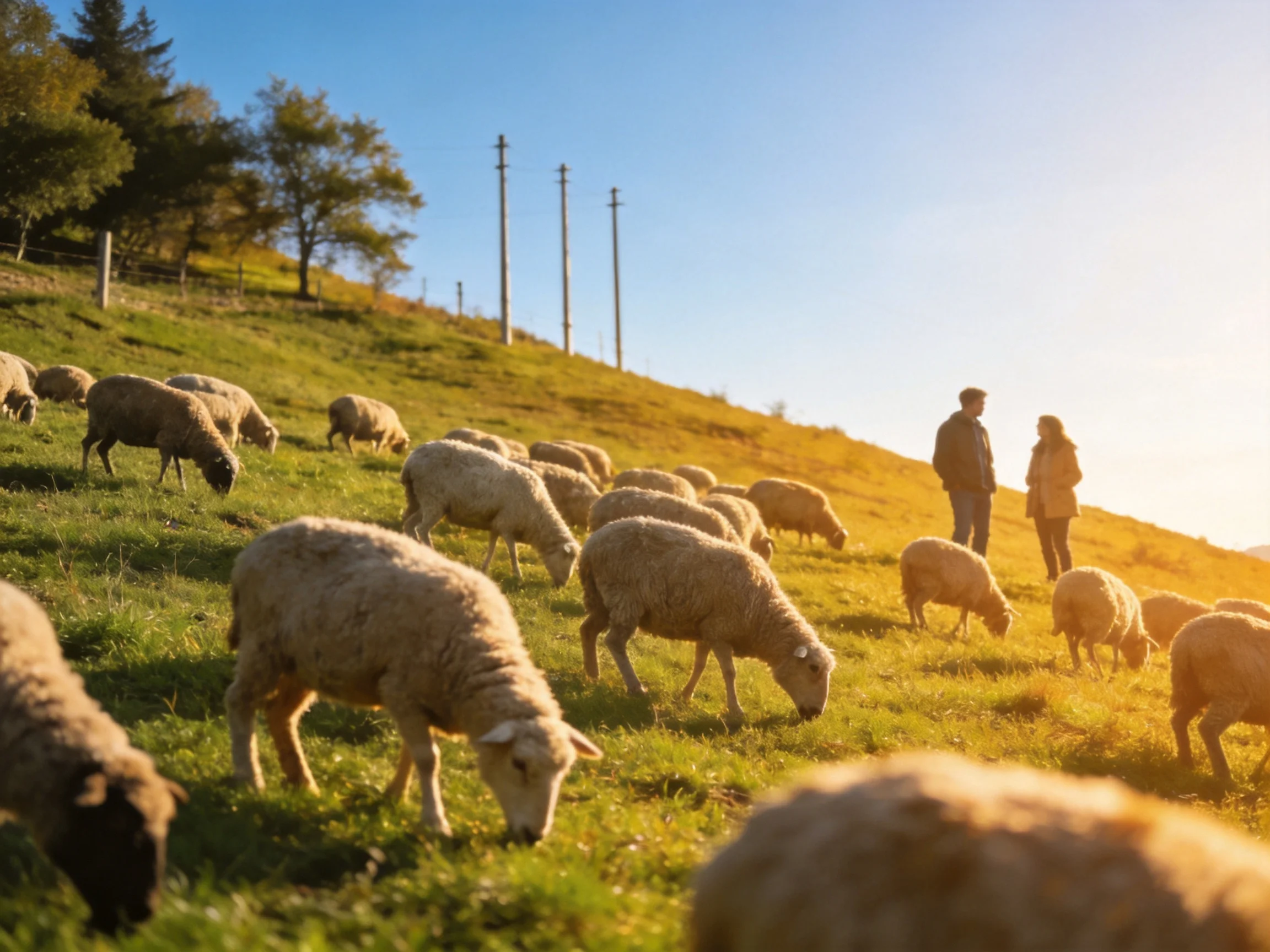 A flock of sheep grazes on a sunlit green hillside with two observers