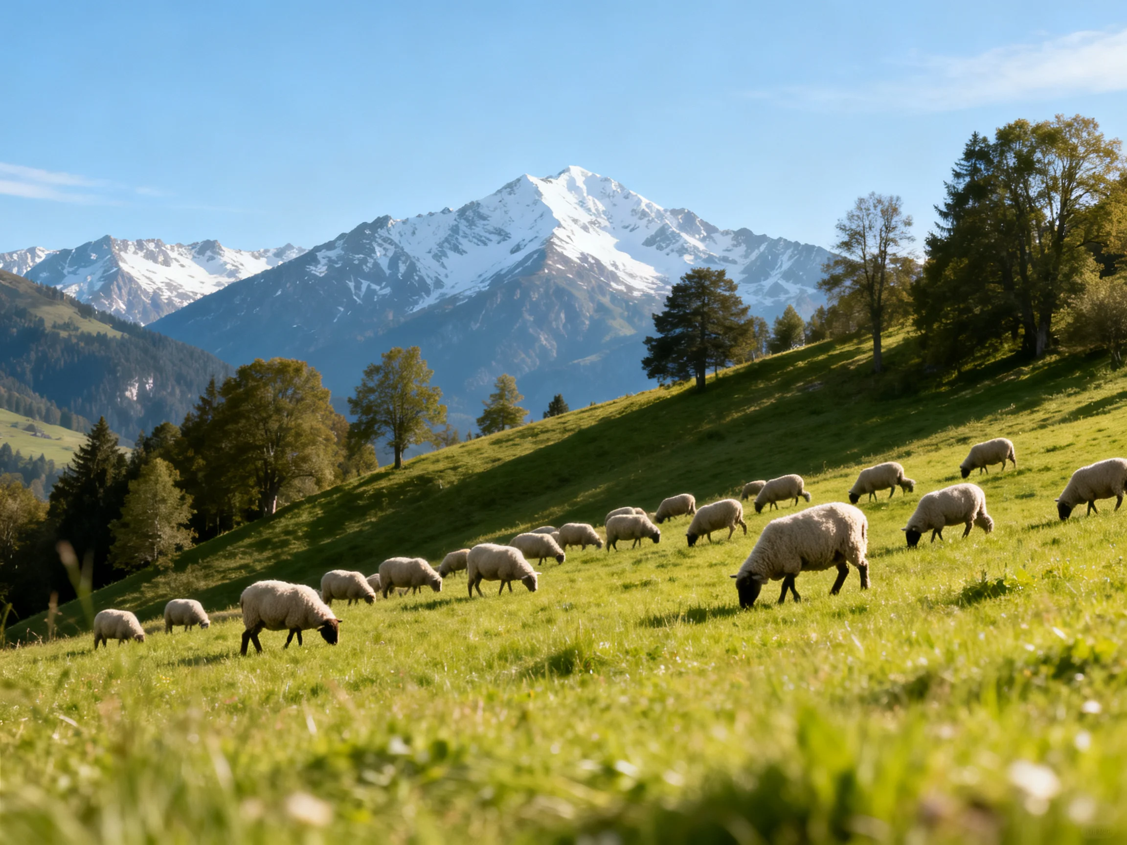 A flock of sheep grazes on a verdant hillside with snow - capped mountains