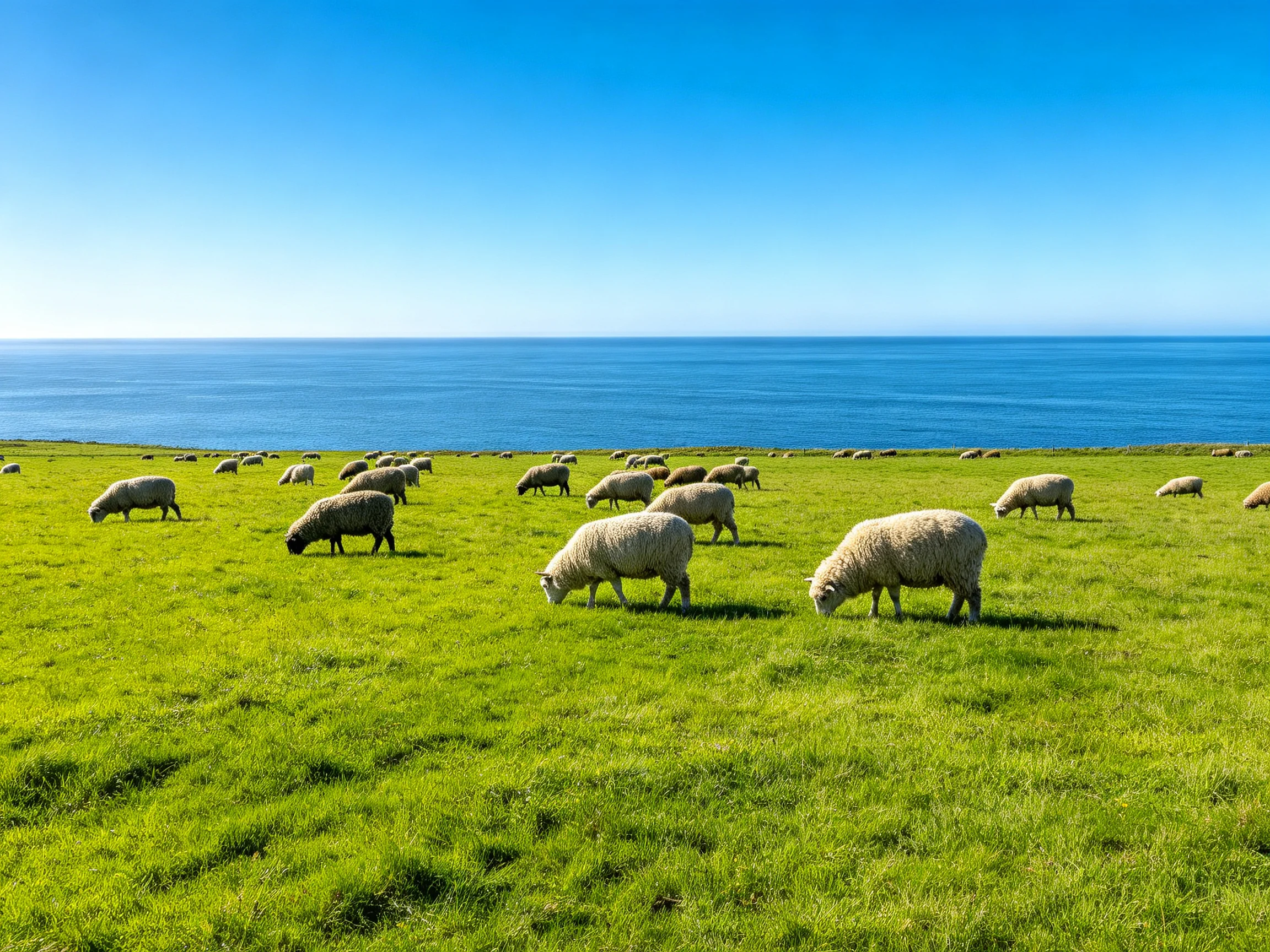 A flock of sheep grazes on lush green pasture beside calm blue ocean