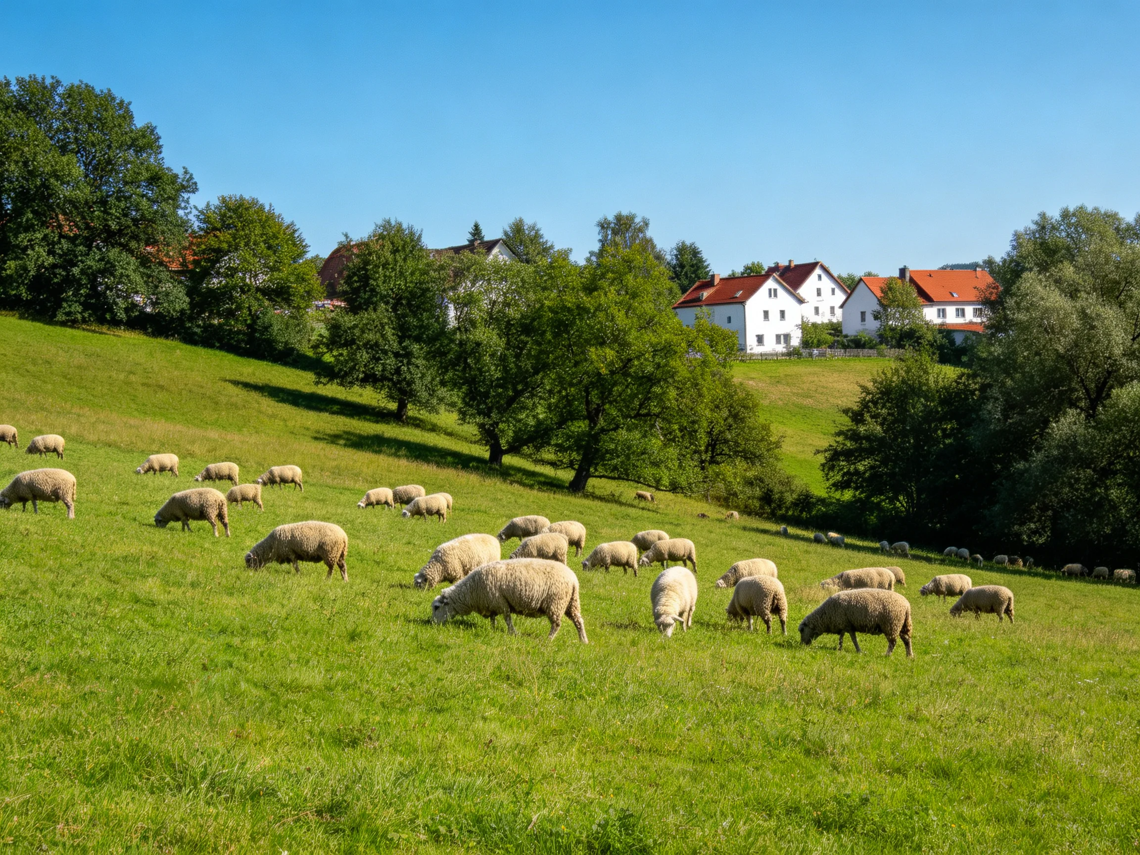 A flock of sheep grazes on vibrant green hillside with white houses