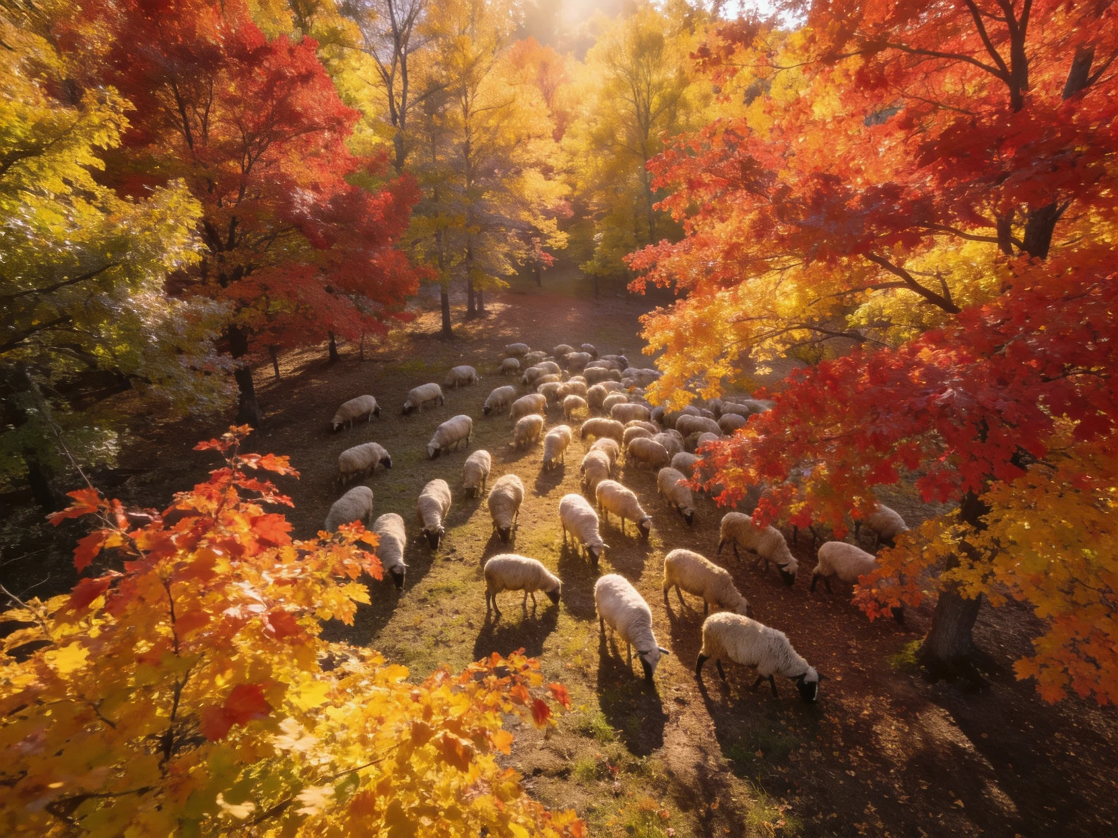 A flock of sheep grazing amid vibrant autumn foliage