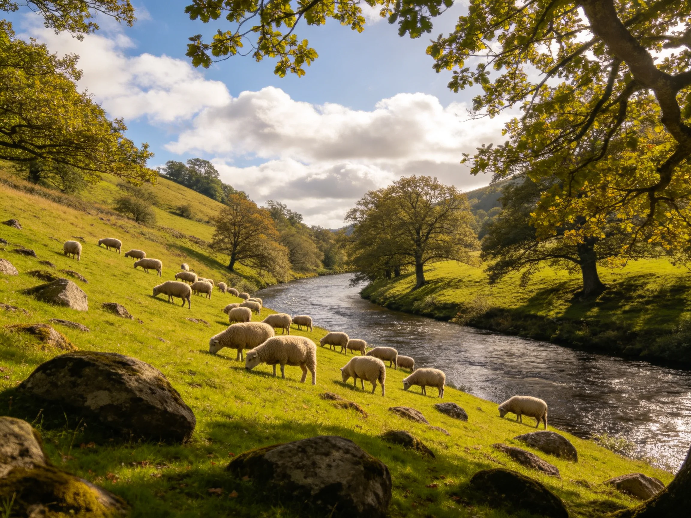 A flock of sheep grazing by a winding stream in lush green hills