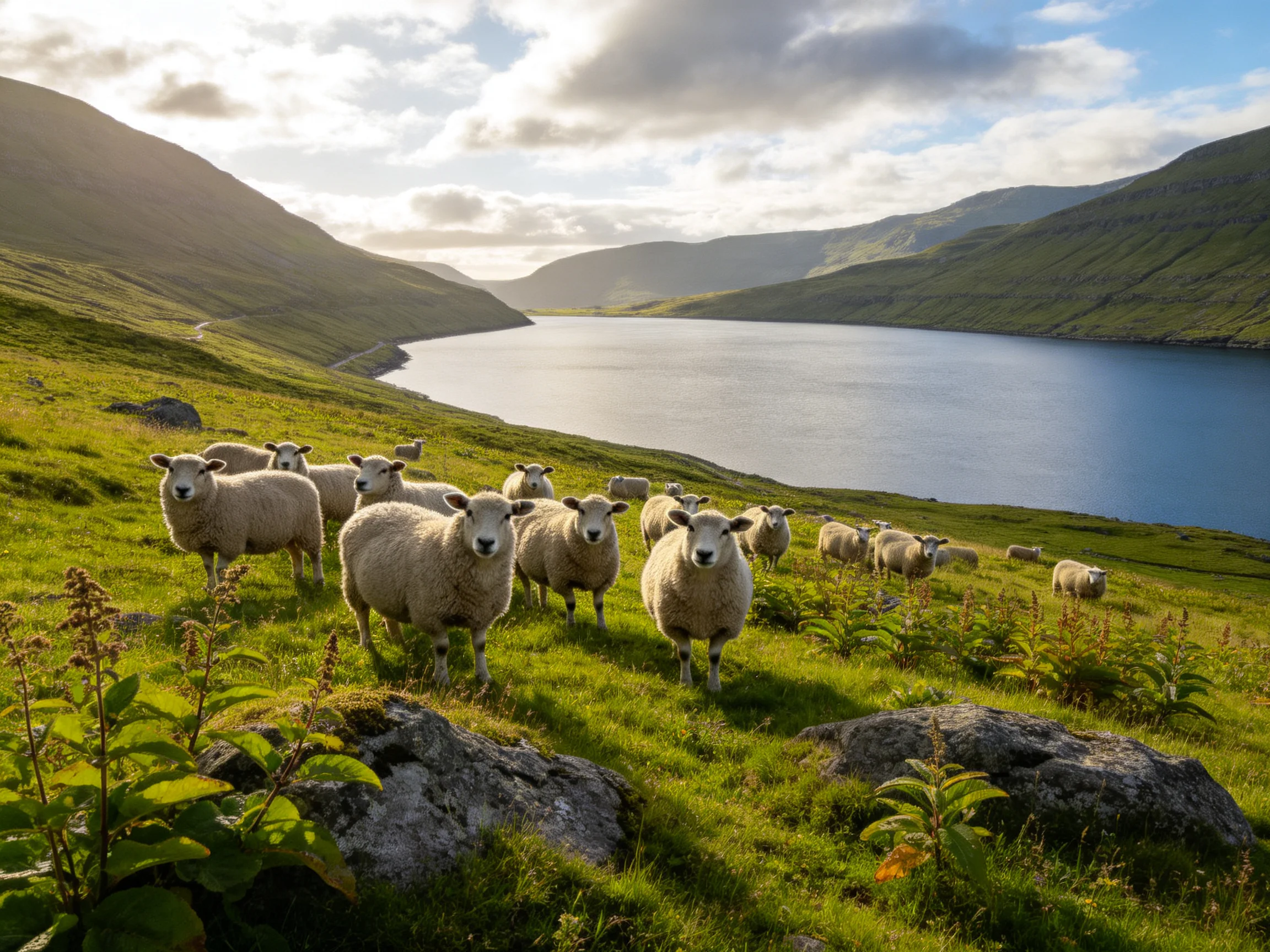 A flock of sheep grazing by tranquil mountain lake